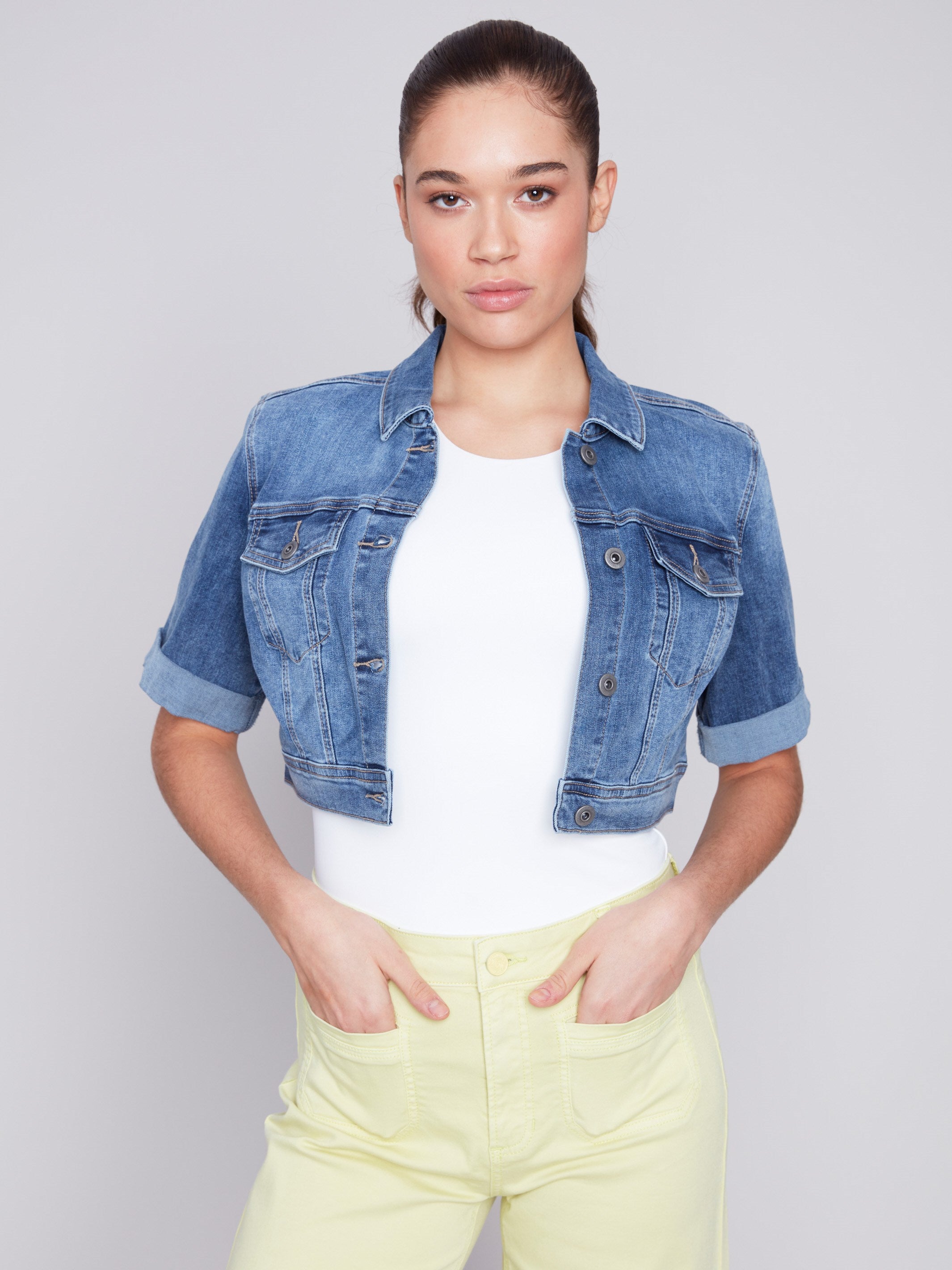 Cropped Jean Jacket - Medium Blue - Charlie B Collection Canada - Image 4