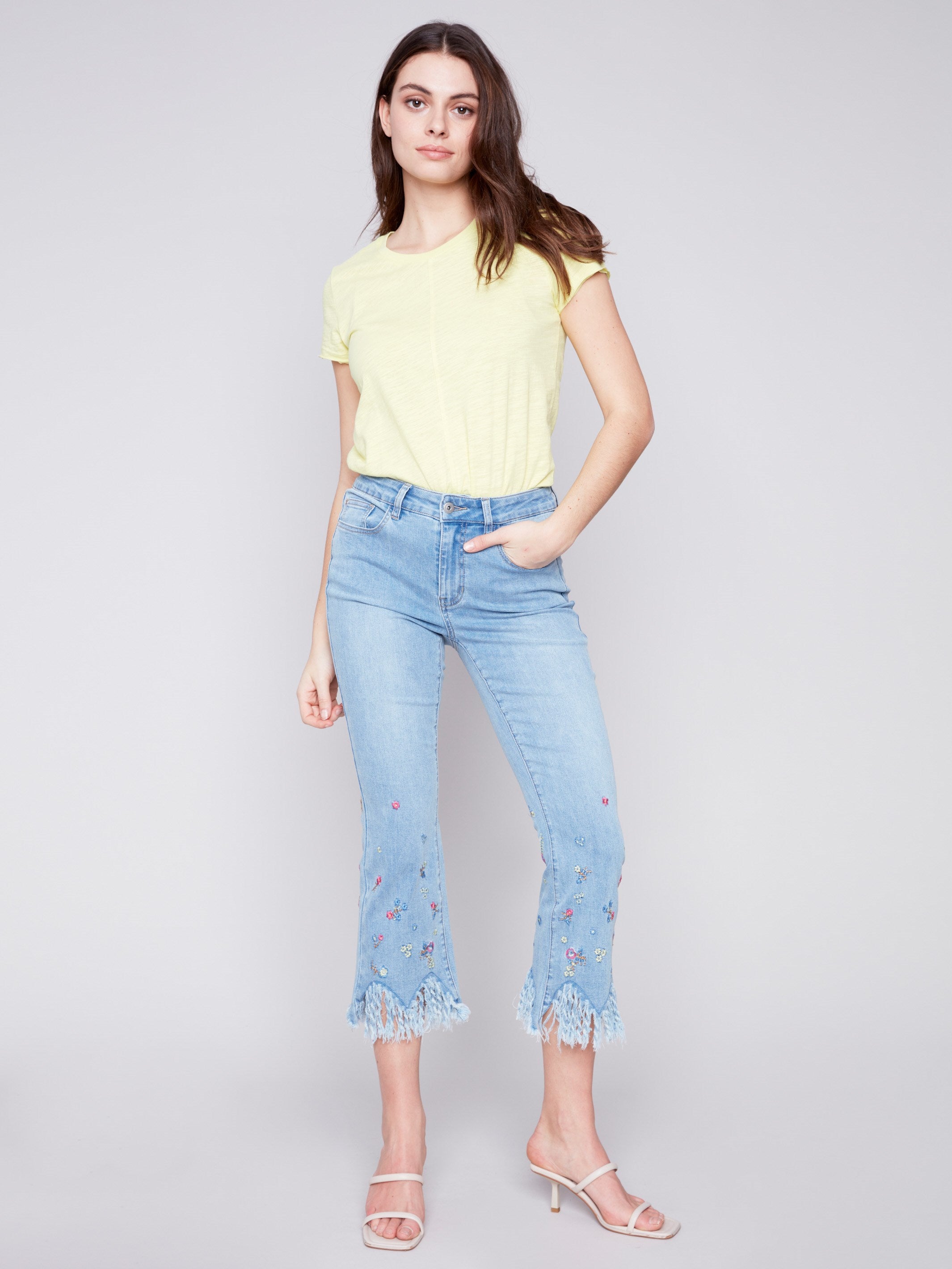 Cropped Jeans with Embroidered Fringed Hem - Light Blue - Charlie B Collection Canada - Image 1