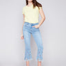 Cropped Jeans with Embroidered Fringed Hem - Light Blue - Charlie B Collection Canada - Image 1