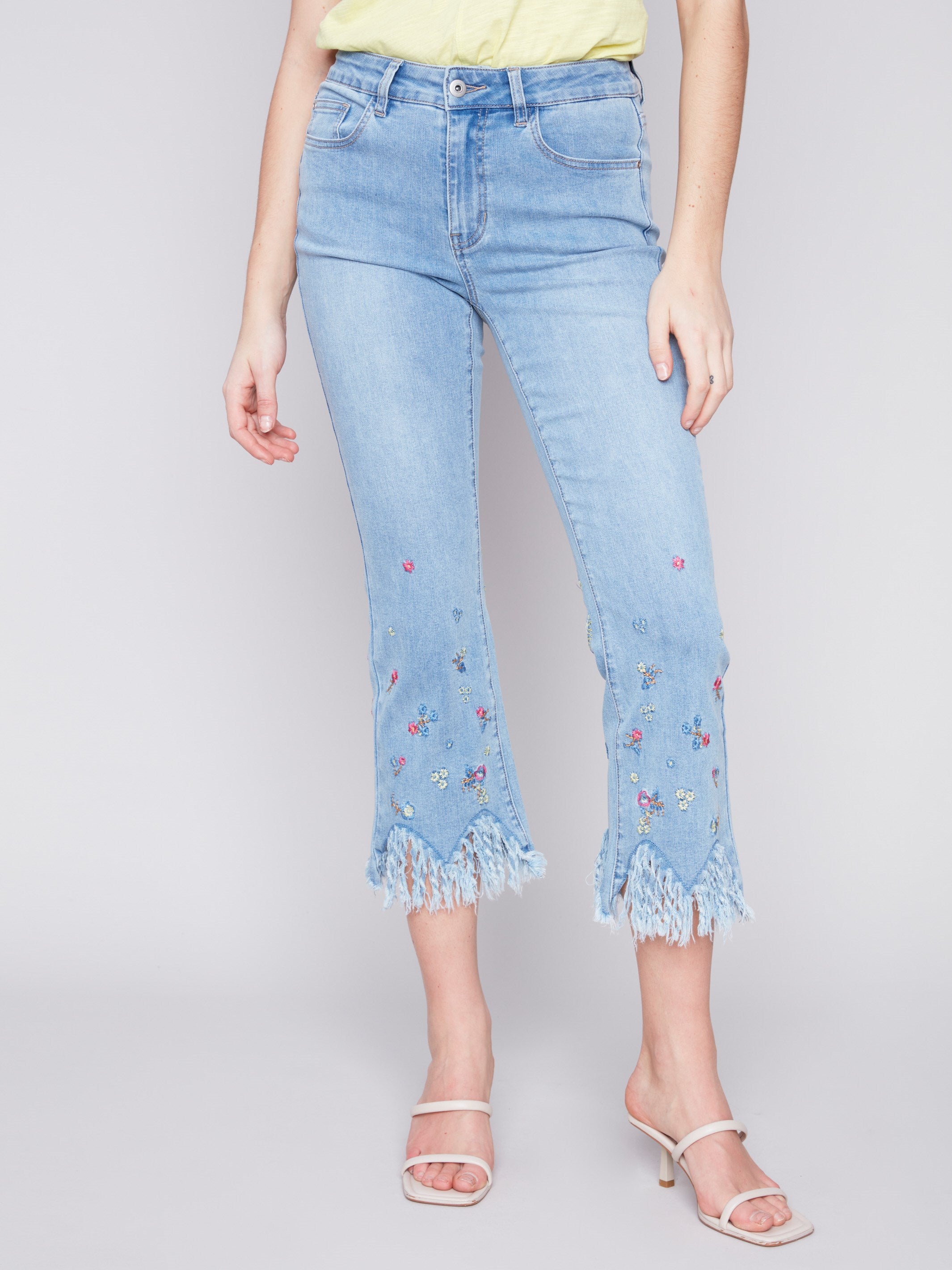Cropped Jeans with Embroidered Fringed Hem - Light Blue - Charlie B Collection Canada - Image 2
