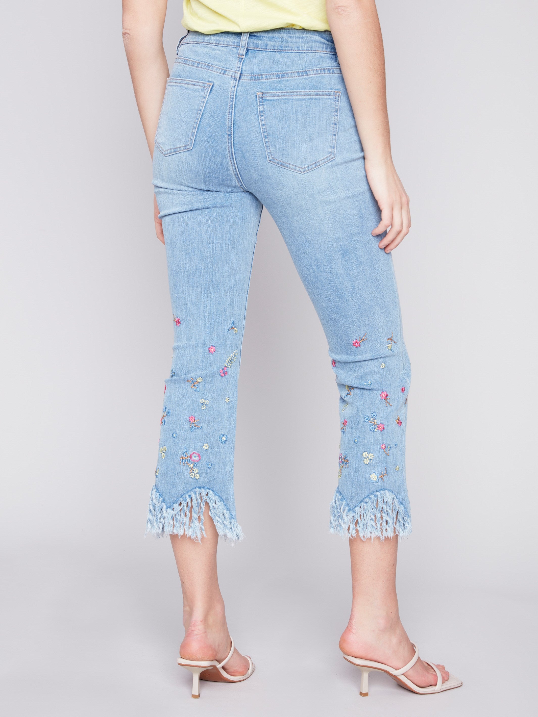 Cropped Jeans with Embroidered Fringed Hem - Light Blue - Charlie B Collection Canada - Image 3