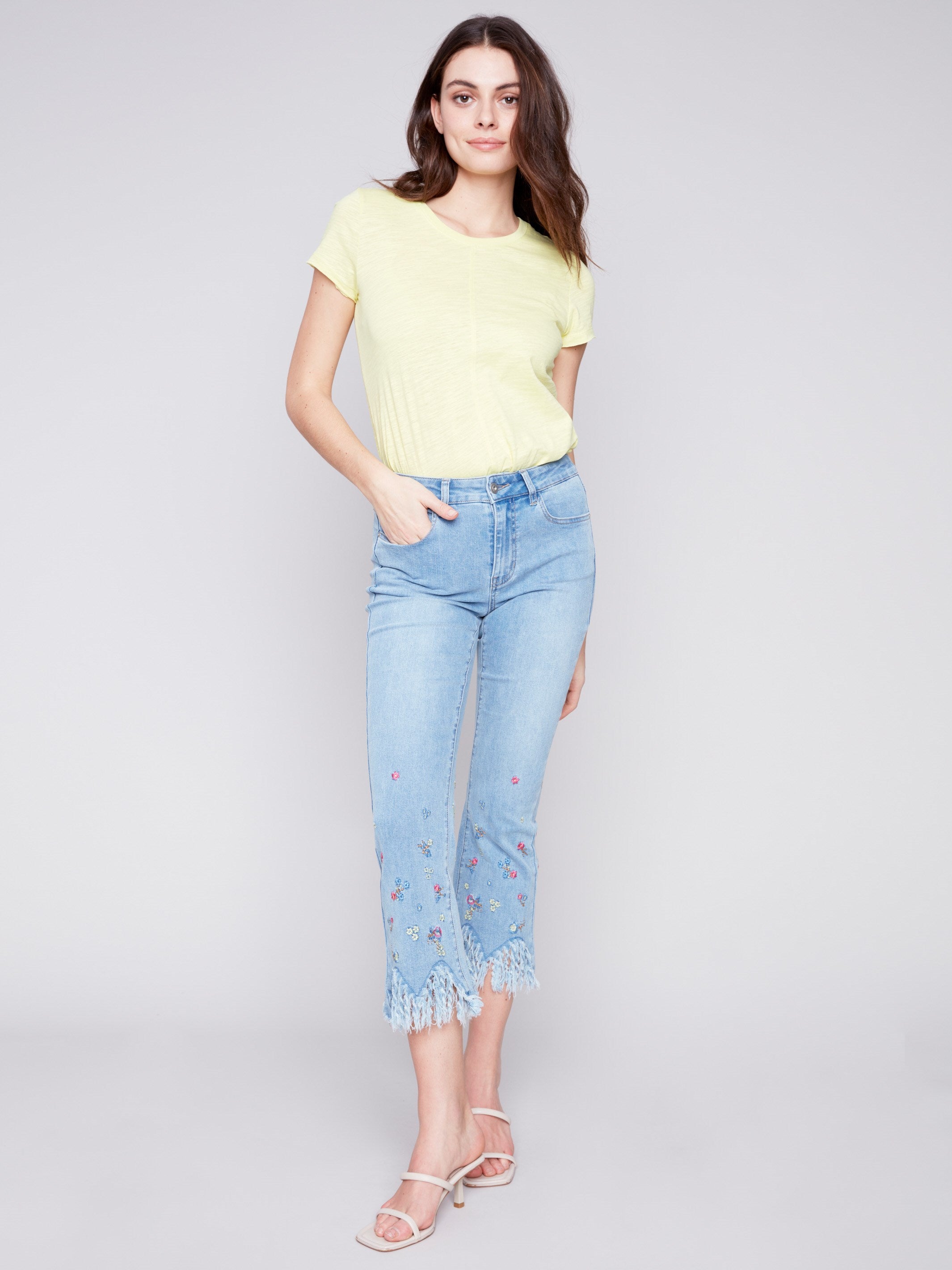 Cropped Jeans with Embroidered Fringed Hem - Light Blue - Charlie B Collection Canada - Image 4