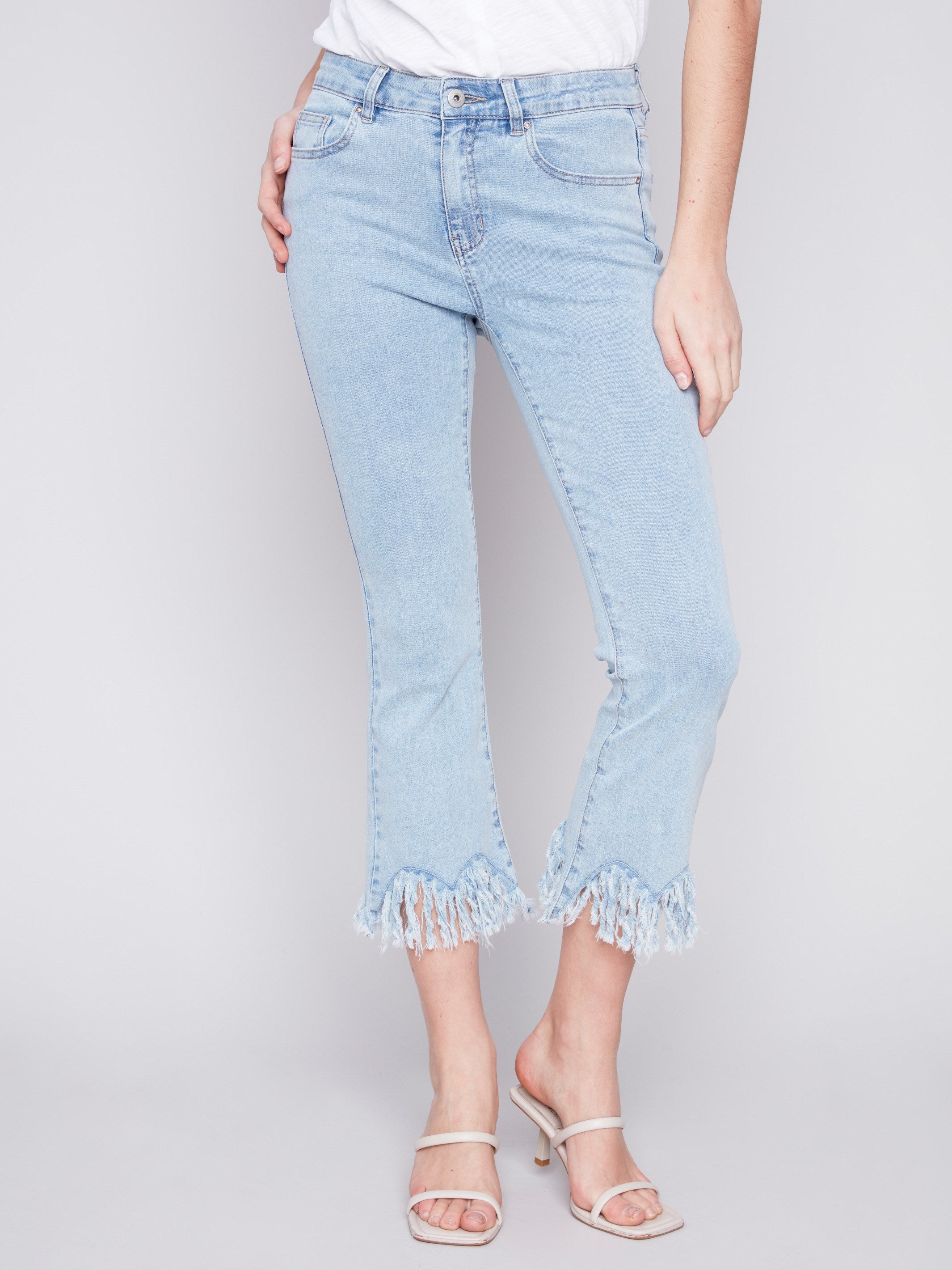 Cropped Jeans with Fringed Hem - Bleach Blue - Charlie B Collection Canada - Image 2