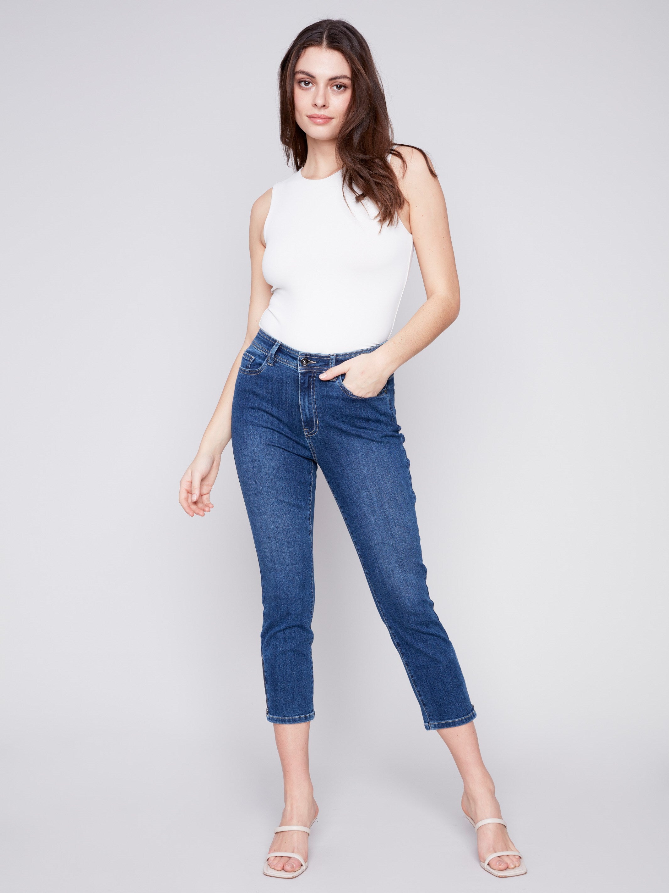 Cropped Jeans with Zipper Detail - Indigo - Charlie B Collection Canada - Image 1