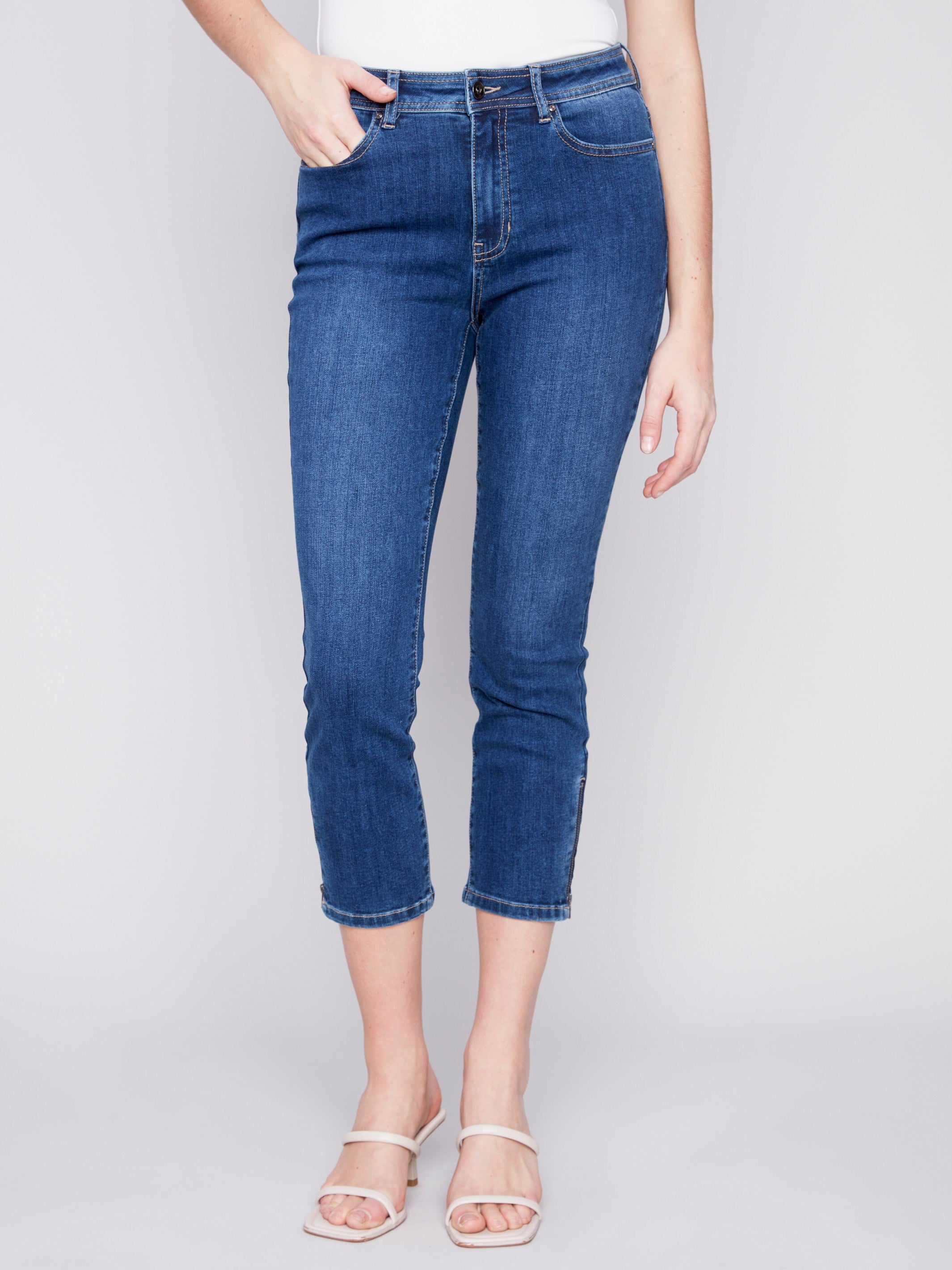 Cropped Jeans with Zipper Detail - Indigo - Charlie B Collection Canada - Image 2