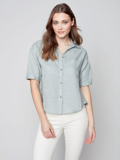 Cropped Linen Blouse - Basil - C4486 Charlie B Collection Canada