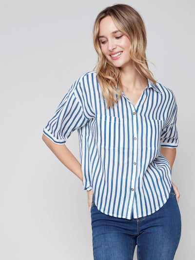 Cropped Linen Blouse With Stripes - Ocean - C4486 Charlie B Collection Canada