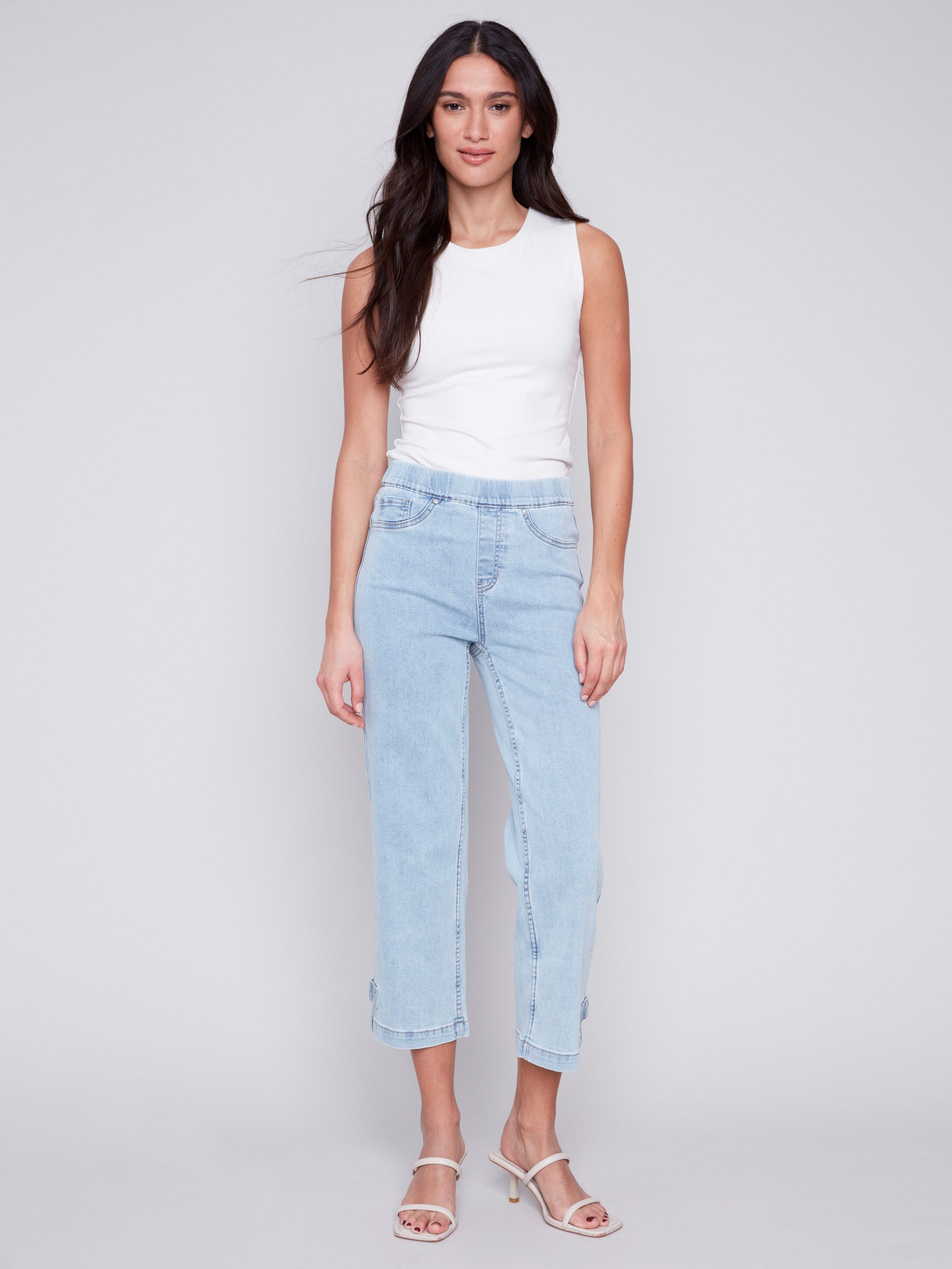 Cropped Pull-On Jeans with Hem Tab - Bleach Blue - Charlie B Collection Canada - Image 1