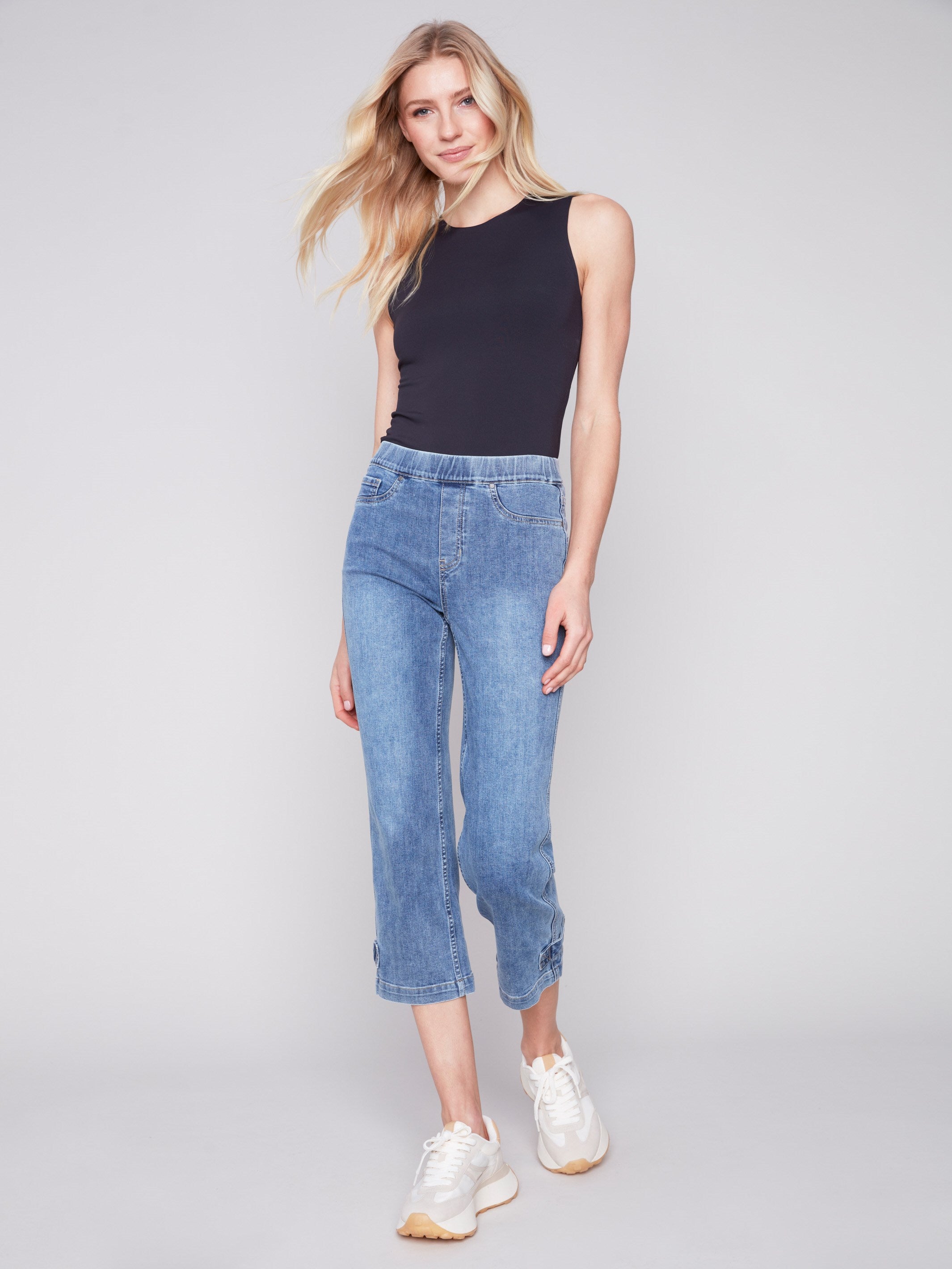 Cropped Pull-On Jeans with Hem Tab - Medium Blue - Charlie B Collection Canada - Image 1