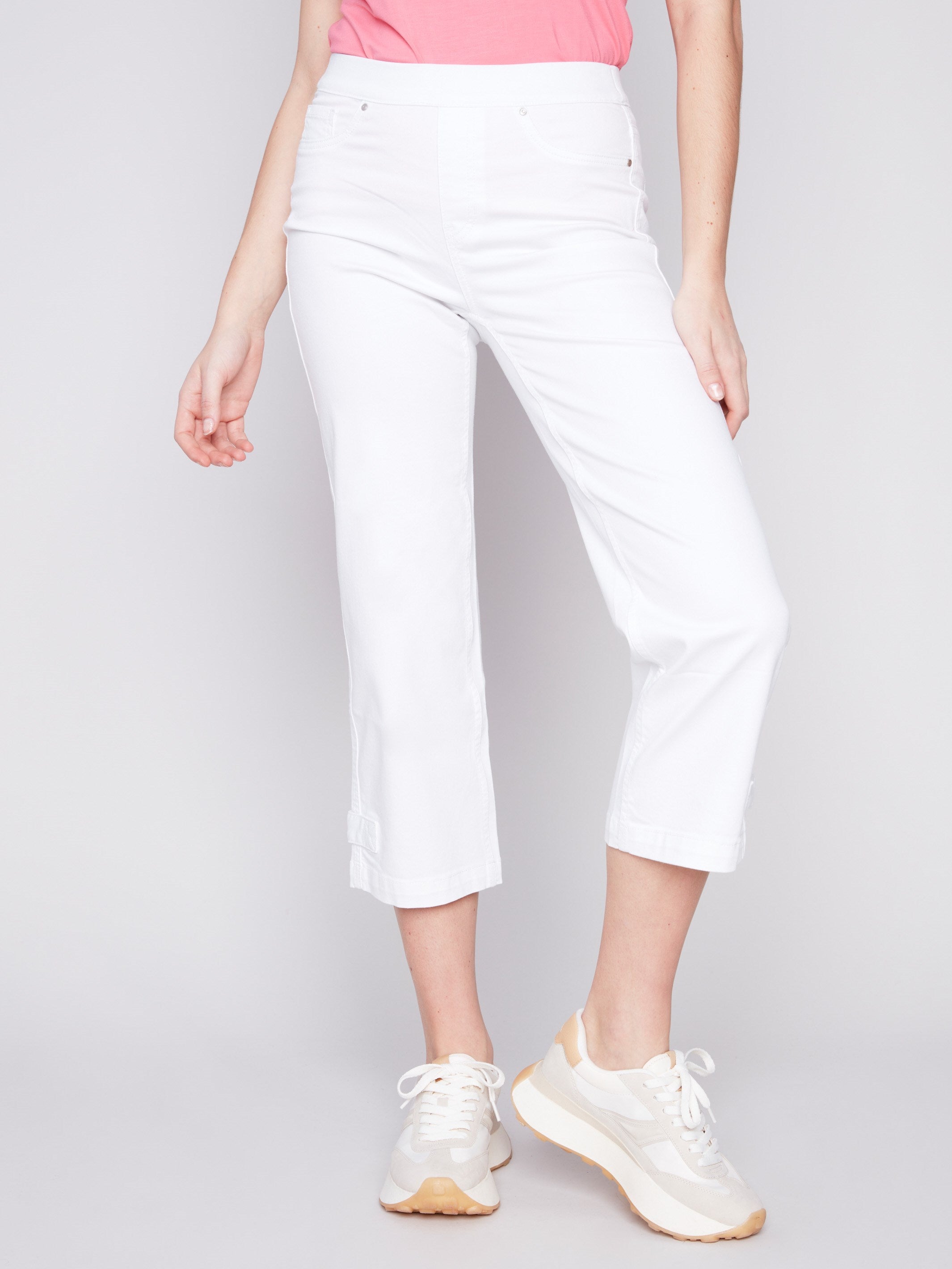 Cropped Pull-On Twill Pants with Hem Tab - White - Charlie B Collection Canada - Image 2
