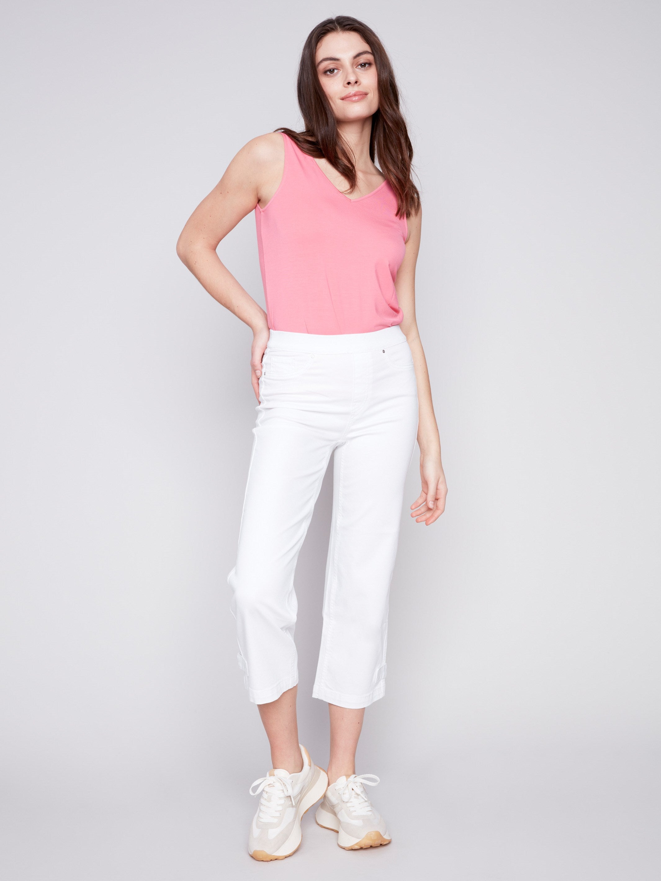 Cropped Pull-On Twill Pants with Hem Tab - White - Charlie B Collection Canada - Image 4