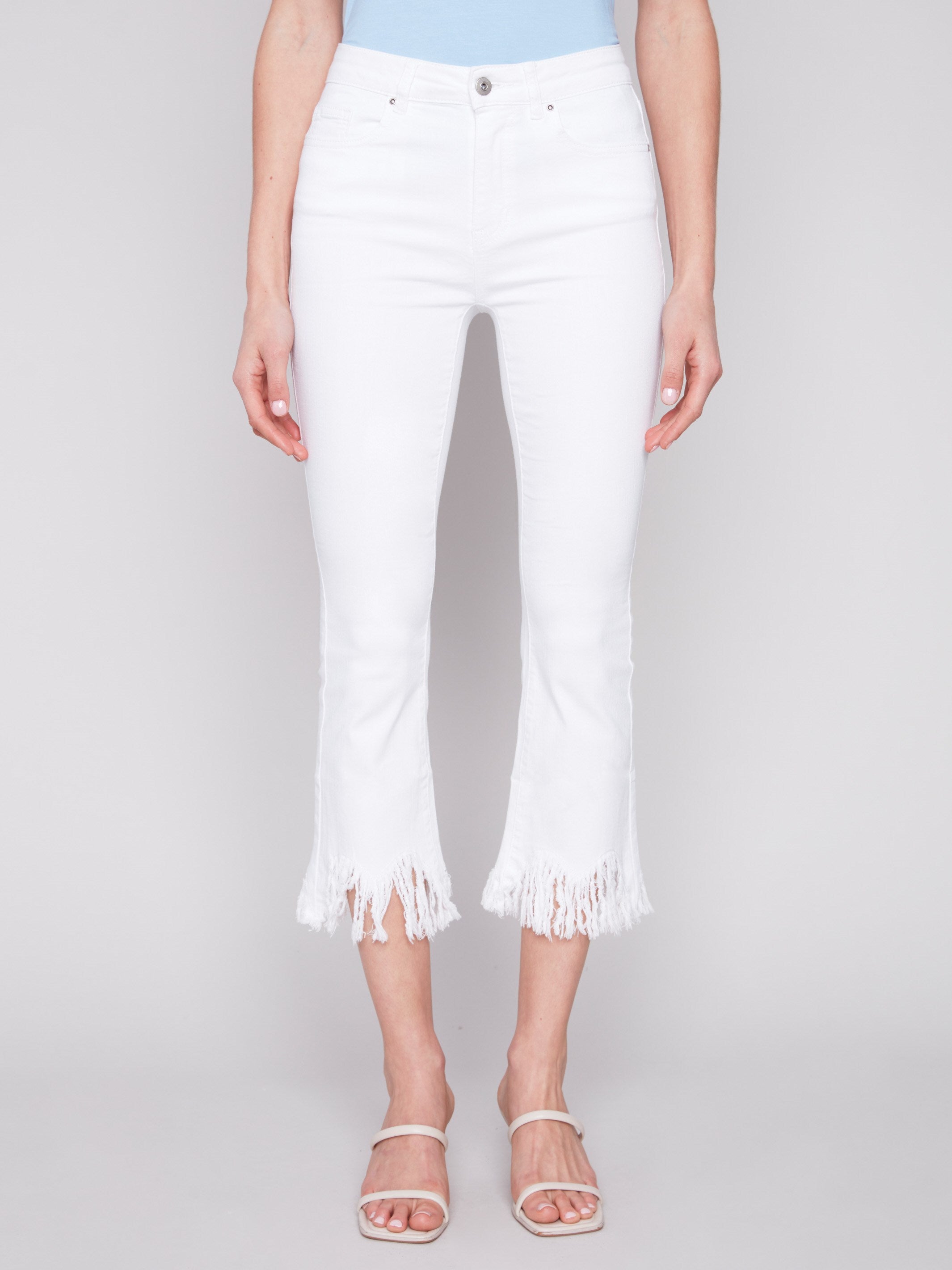 Cropped Twill Jeans with Fringed Hem - White - Charlie B Collection Canada - Image 6