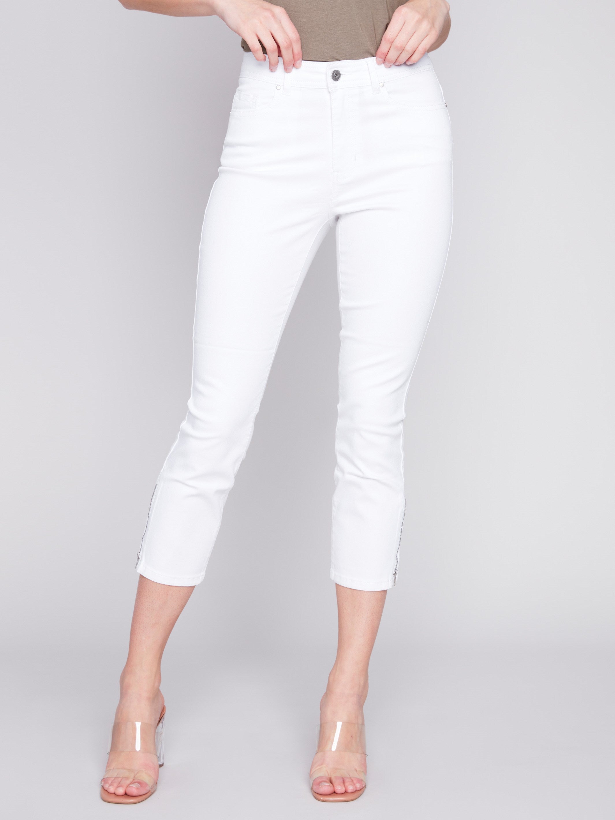 Cropped Twill Pants with Zipper Detail - White - Charlie B Collection Canada - Image 2