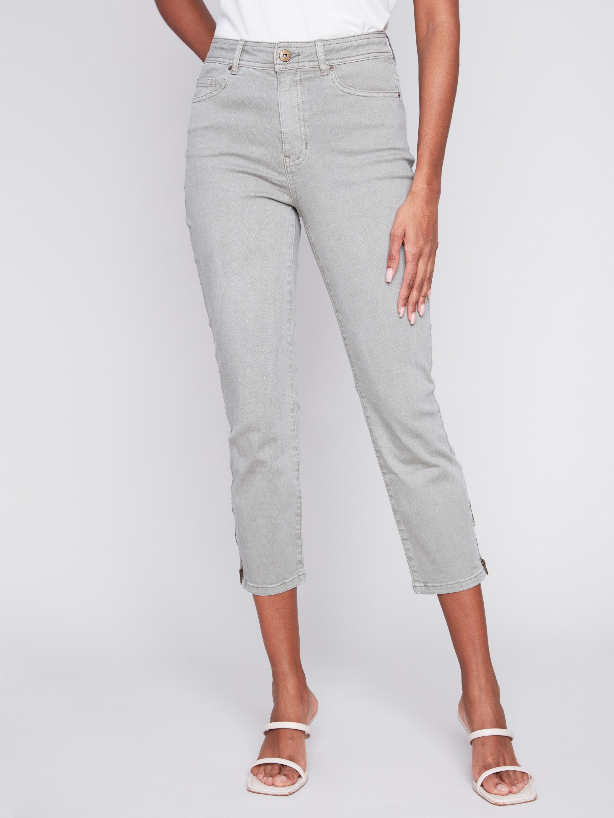 Cropped Twill Pants with Zipper Detail - Celadon - Charlie B Collection Canada - Image 3
