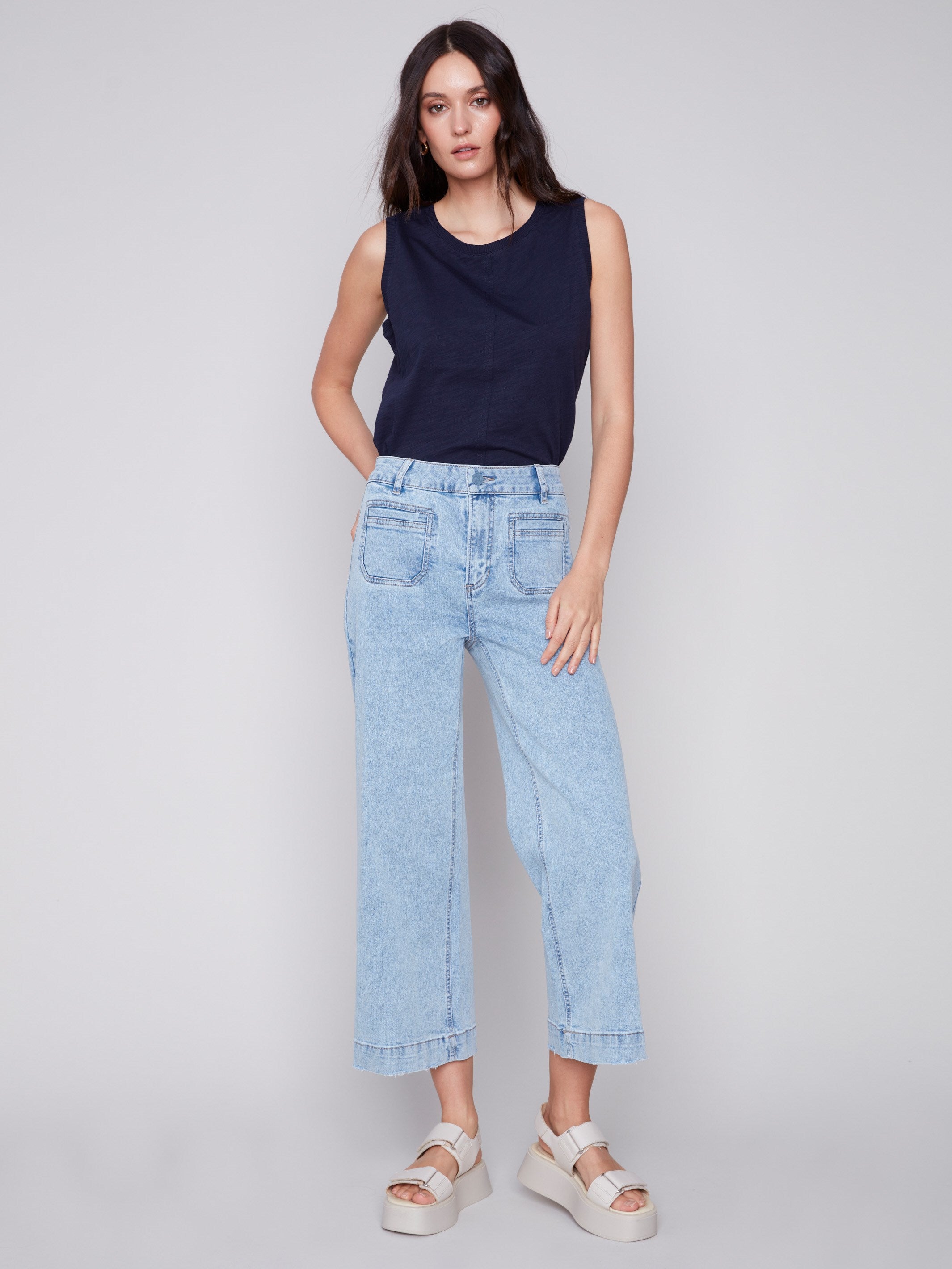 Cropped Wide Leg Jeans - Blue Jean - Charlie B Collection Canada - Image 1