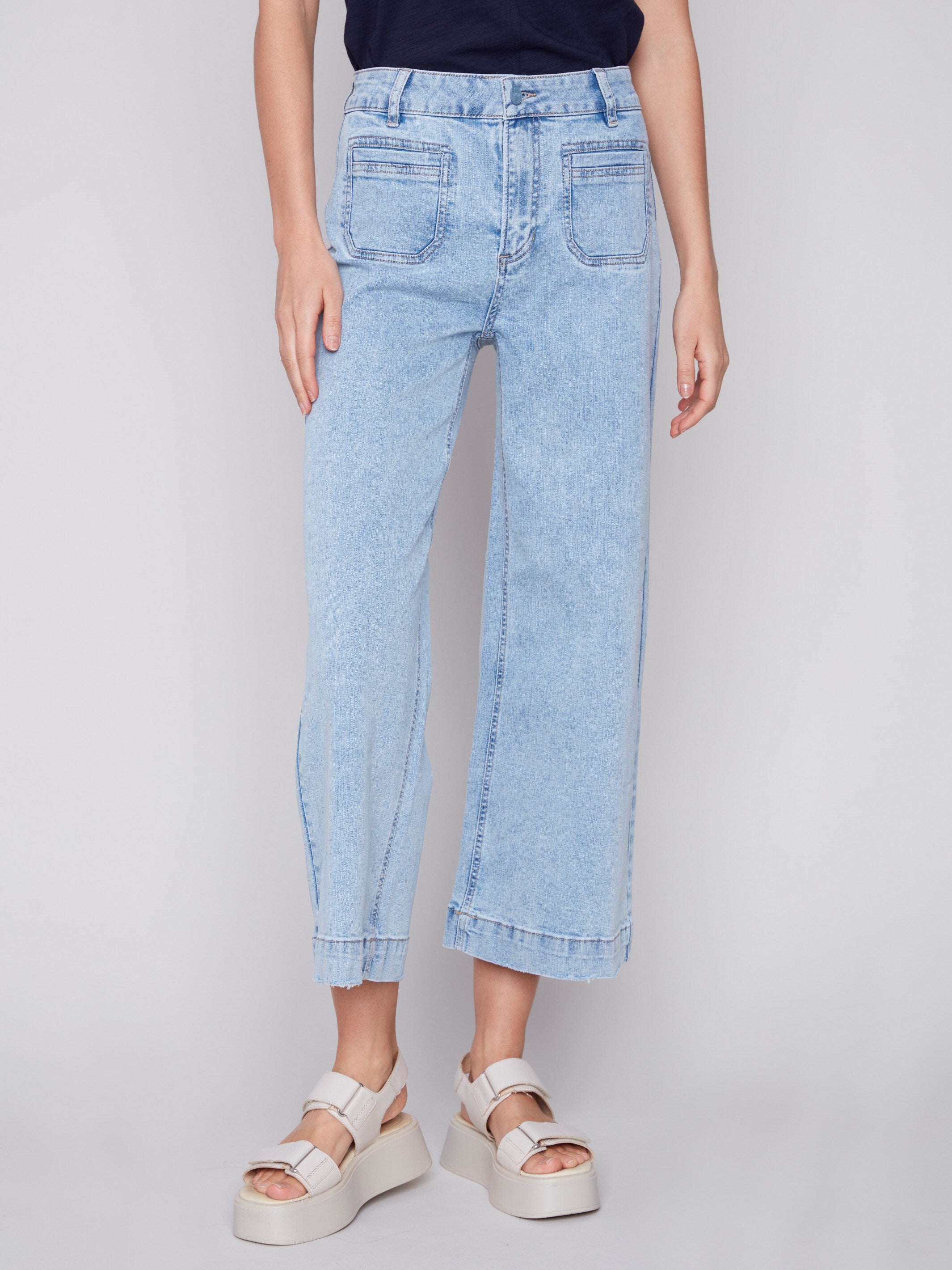 Cropped Wide Leg Jeans - Blue Jean - Charlie B Collection Canada - Image 2