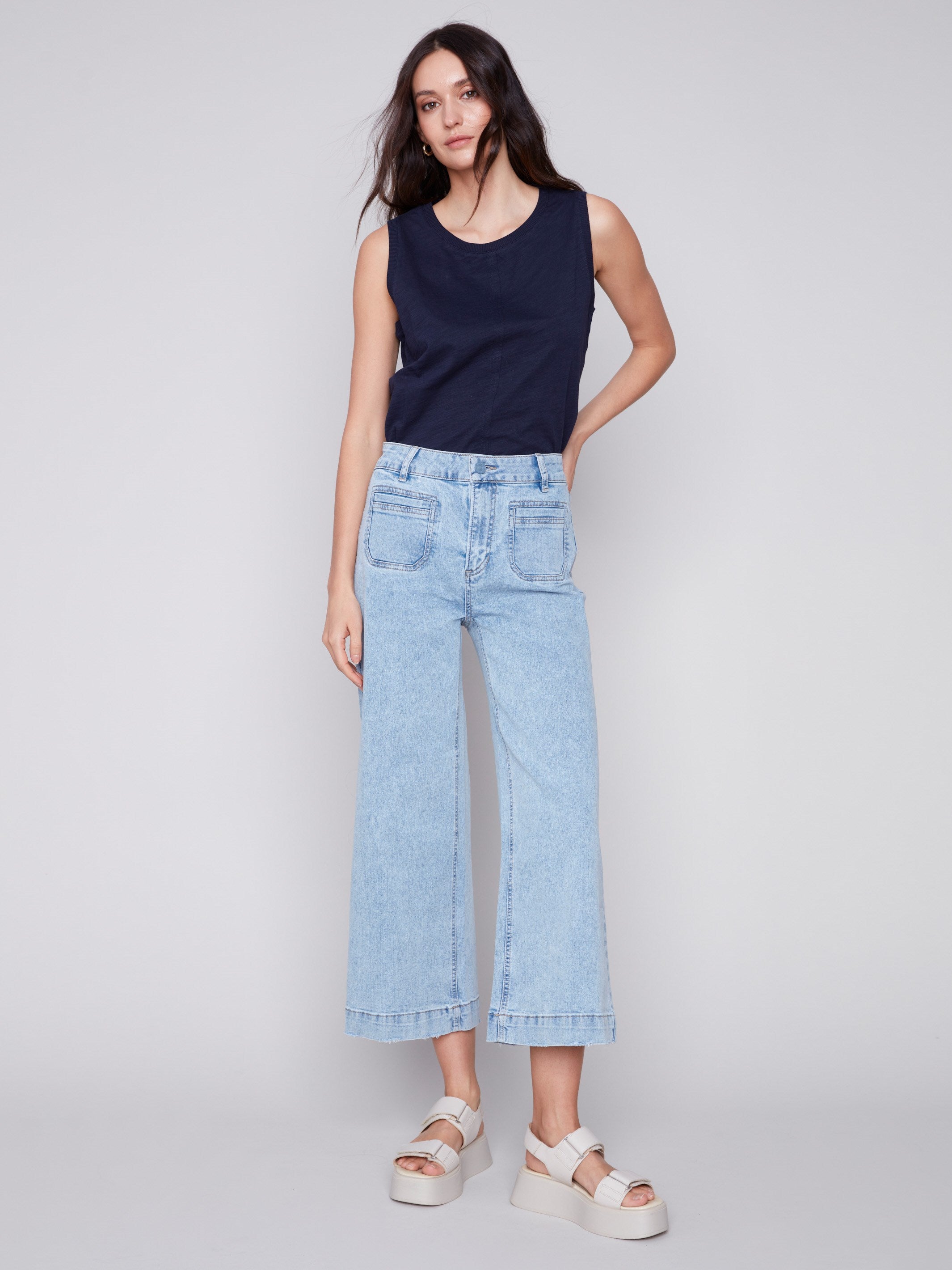 Cropped Wide Leg Jeans - Blue Jean - Charlie B Collection Canada - Image 4