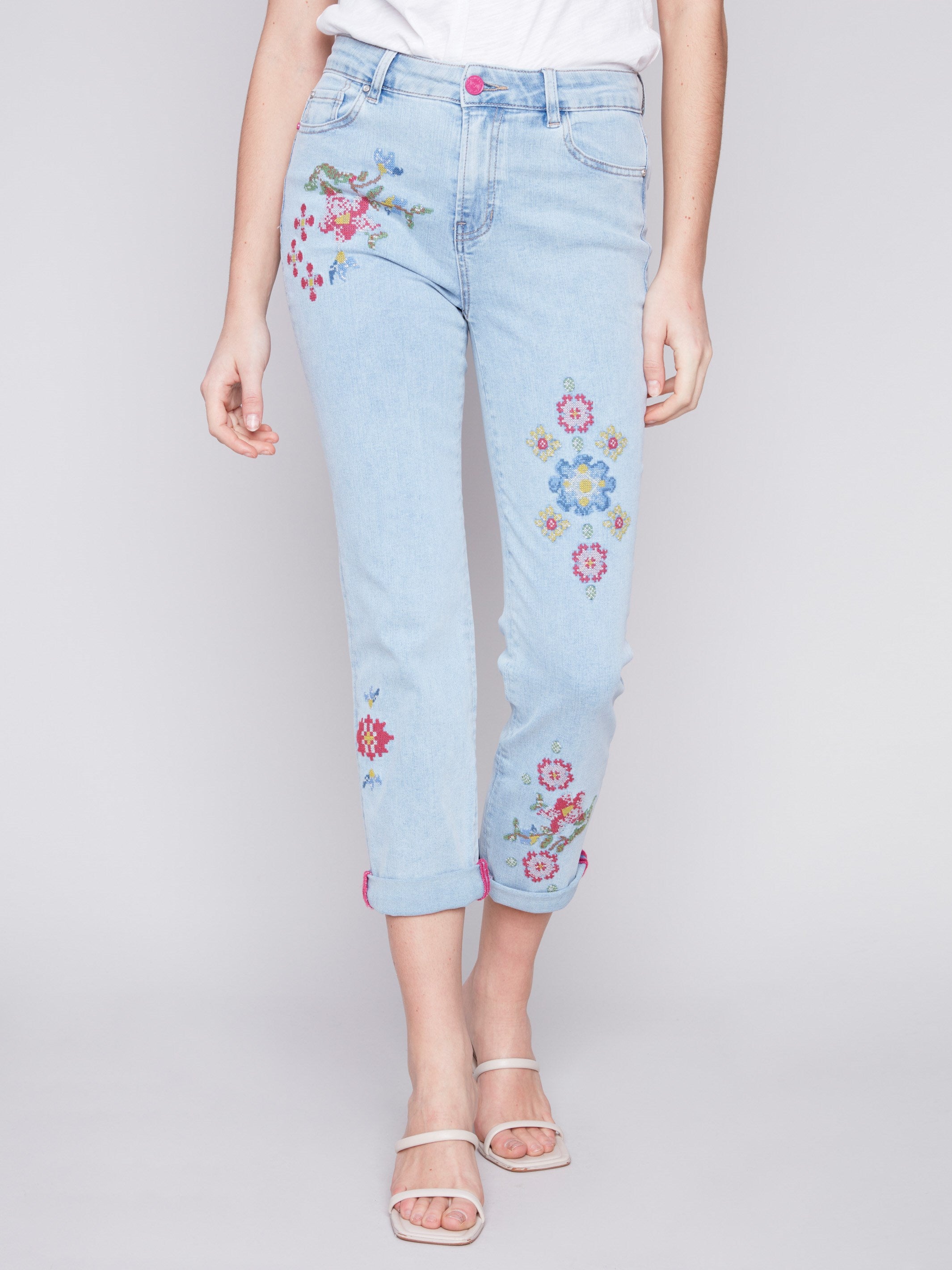 Cross Stitch Embroidered Jeans - Bleach Blue - Charlie B Collection Canada - Image 2