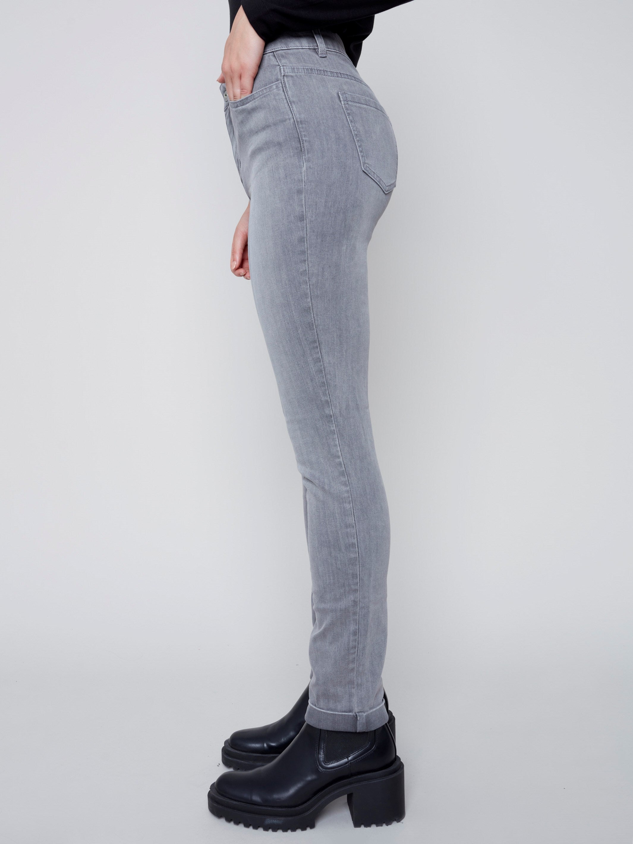 Cuffed Hem Jeans - Soft Grey