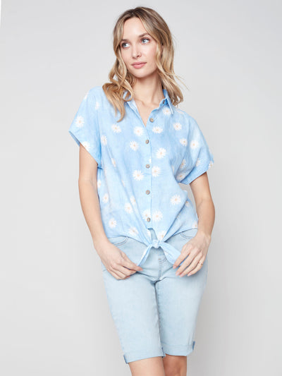 Daisy Print Linen Front-Tie Top - Cerulean Blue - C4465 Charlie B Collection Canada 1