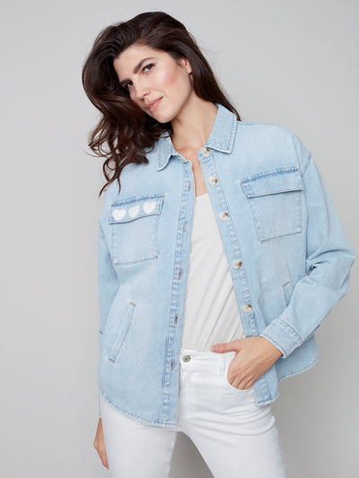 Denim Jacket with Smiley Patch - Bleach Blue - C6234 Charlie B Collection Canada