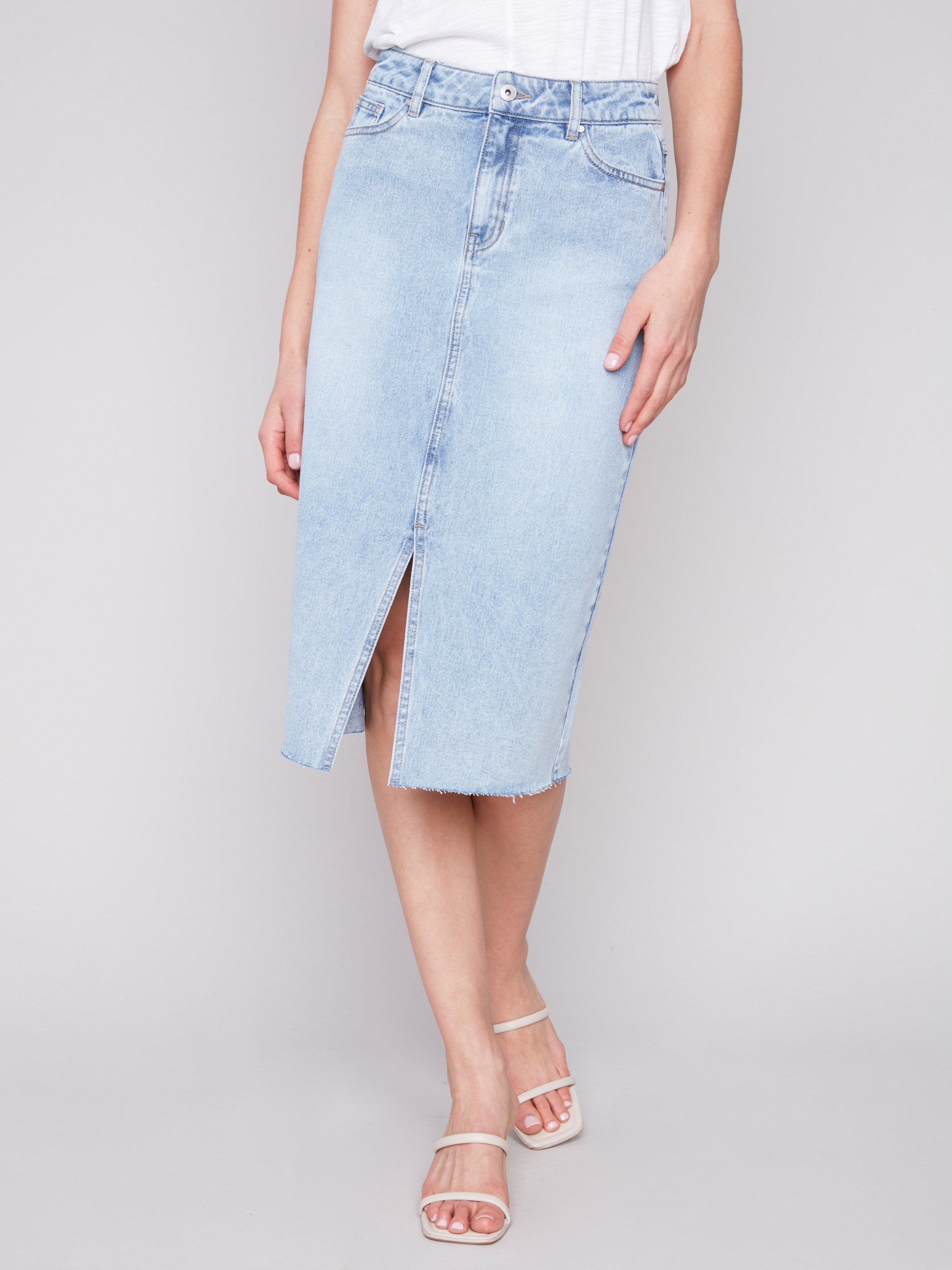 Denim Midi Skirt with Frayed Hem - Light Blue - Charlie B Collection Canada - Image 3