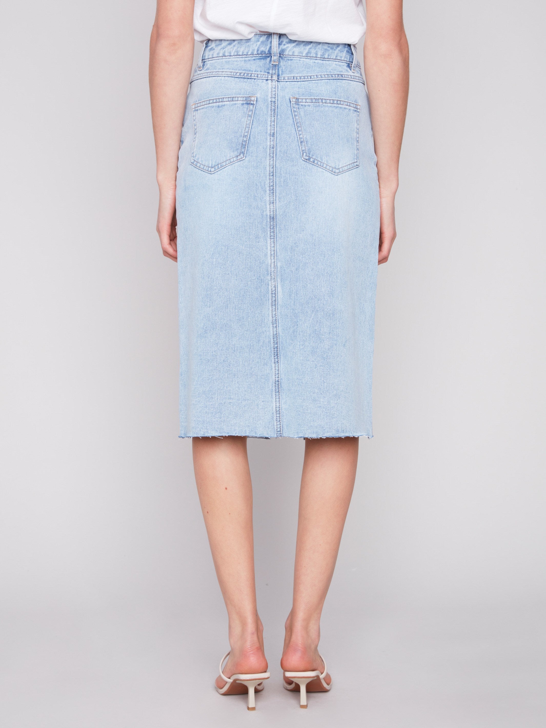 Denim Midi Skirt with Frayed Hem - Light Blue - Charlie B Collection Canada - Image 4