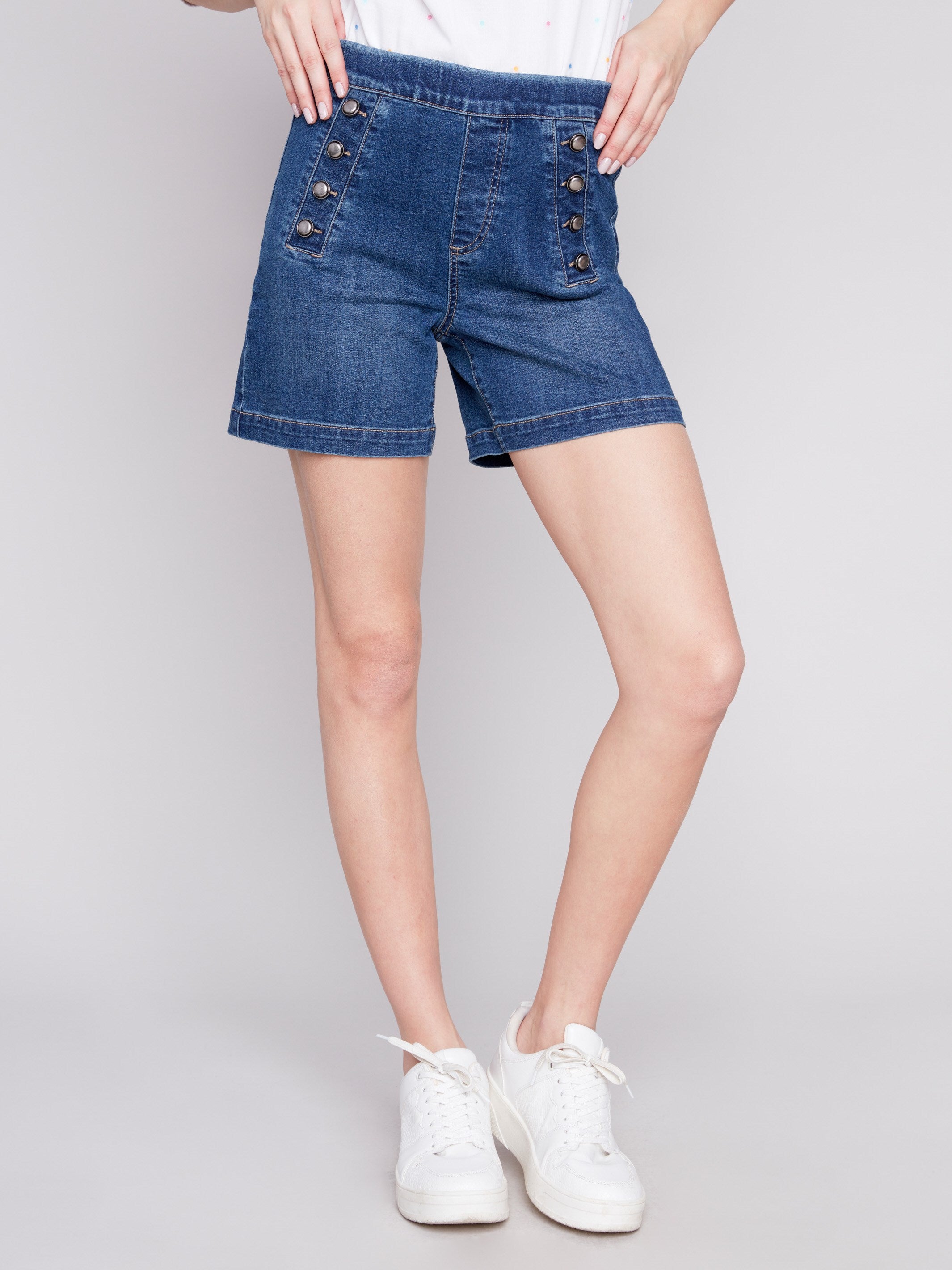 Denim Shorts with Decorative Buttons - Indigo - Charlie B Collection Canada - Image 3