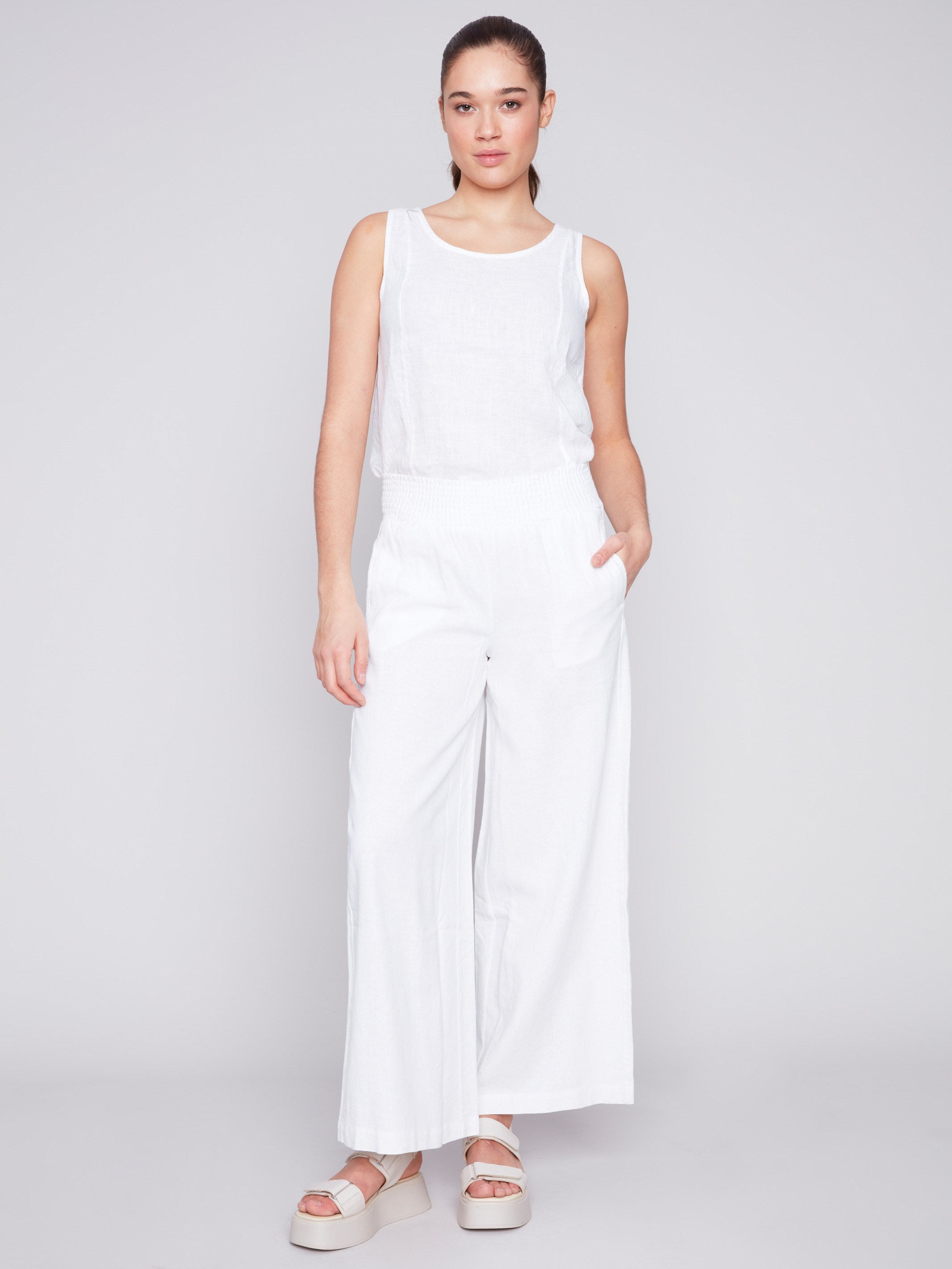 Elastic Waist Linen-Blend Pull-On Pants - White - Charlie B Collection Canada - Image 1