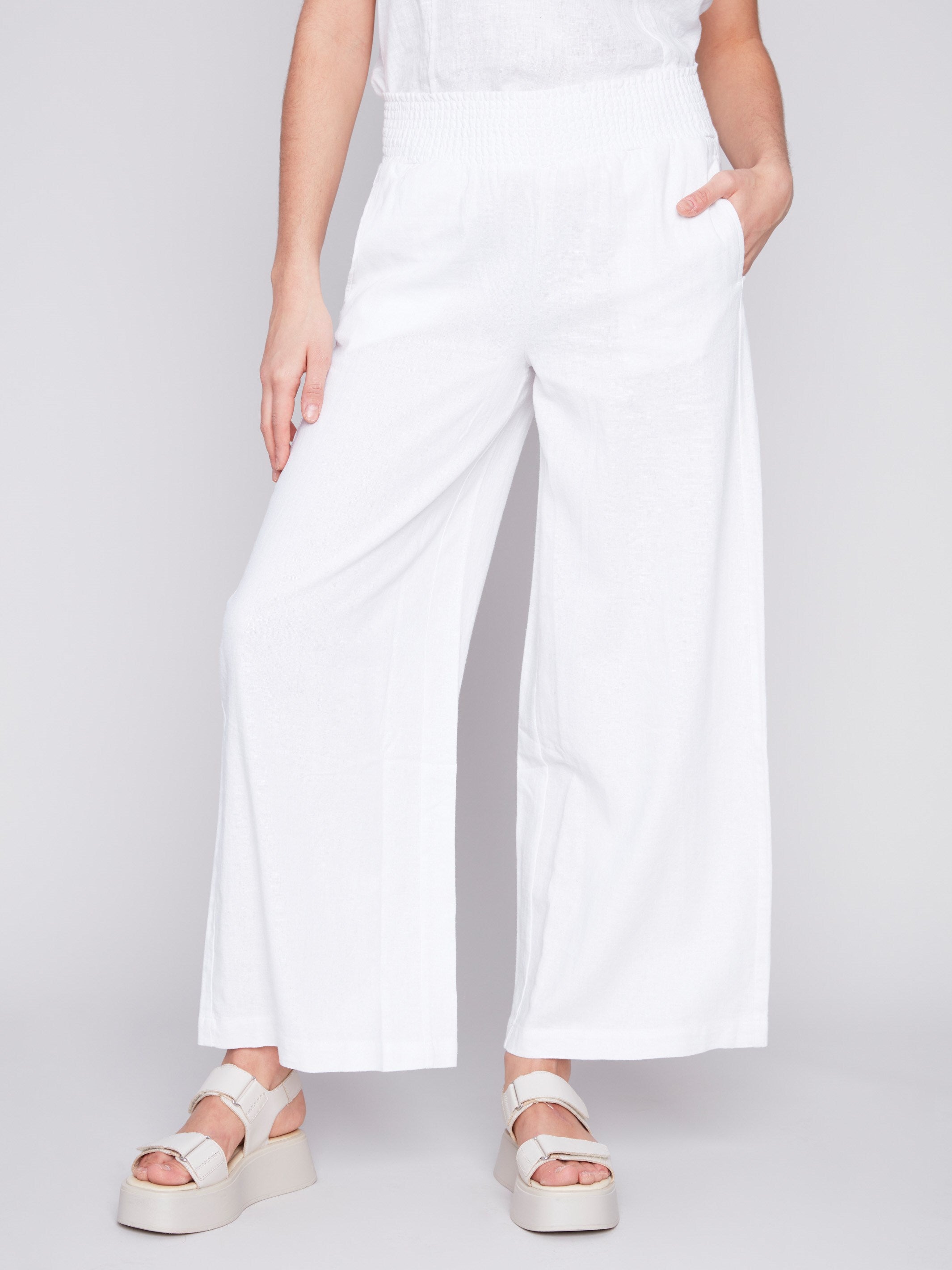 Elastic Waist Linen-Blend Pull-On Pants - White - Charlie B Collection Canada - Image 2