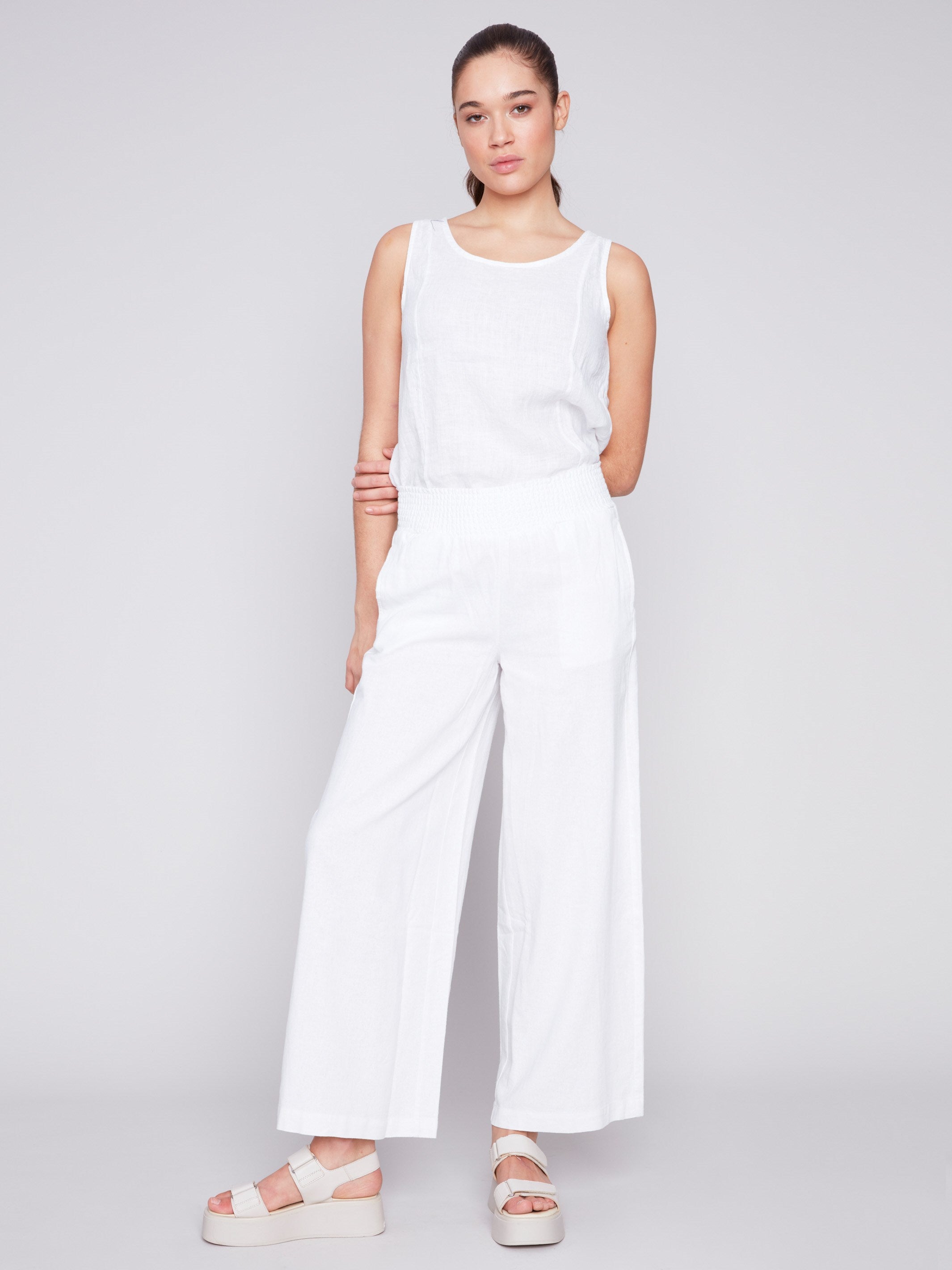 Elastic Waist Linen-Blend Pull-On Pants - White - Charlie B Collection Canada - Image 4