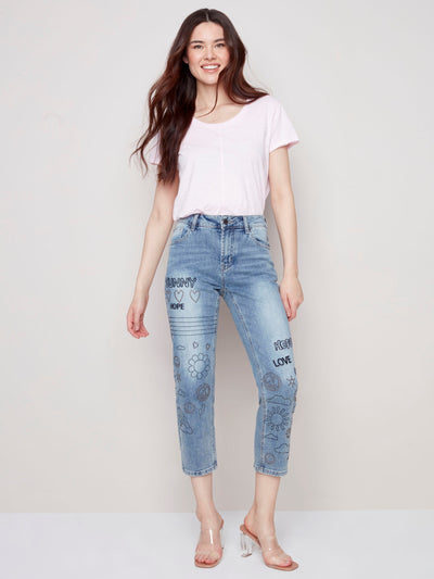 Embroidered and Beaded Cropped Jeans - Sunny - C5340 Charlie B Collection Canada