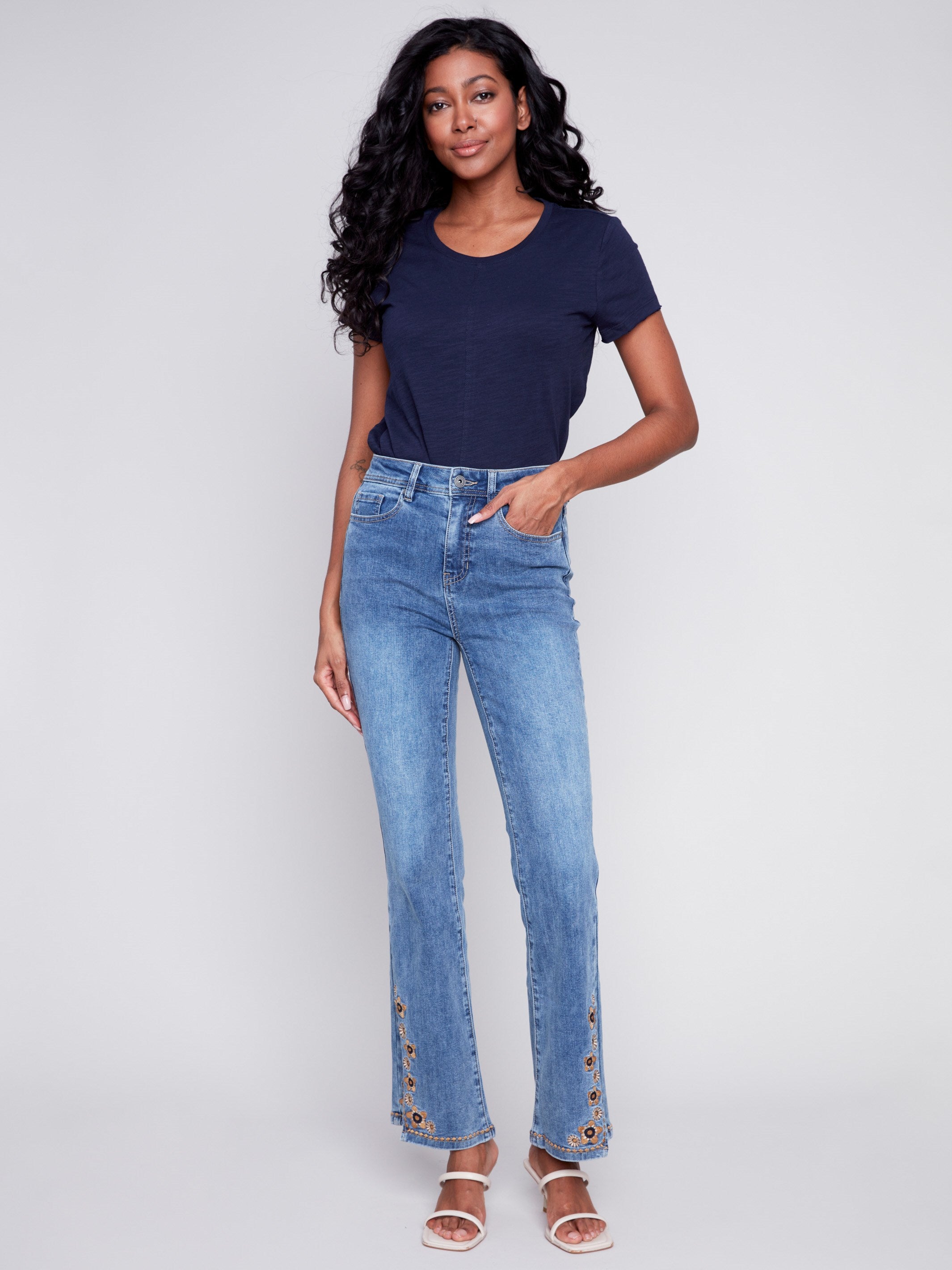 Embroidered Bootcut Jeans with Front Slits - Medium Blue - Charlie B Collection Canada - Image 1
