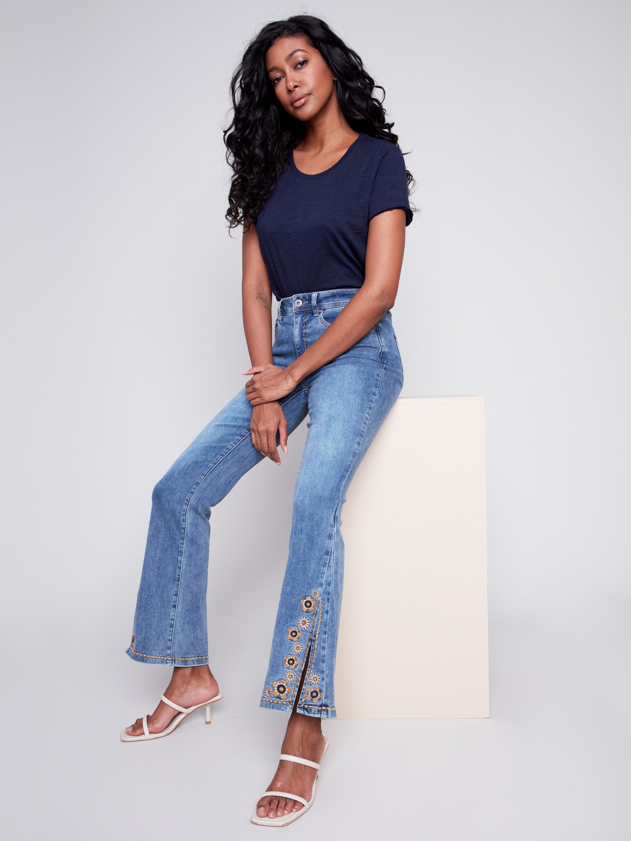 Embroidered Bootcut Jeans with Front Slits - Medium Blue - Charlie B Collection Canada - Image 7