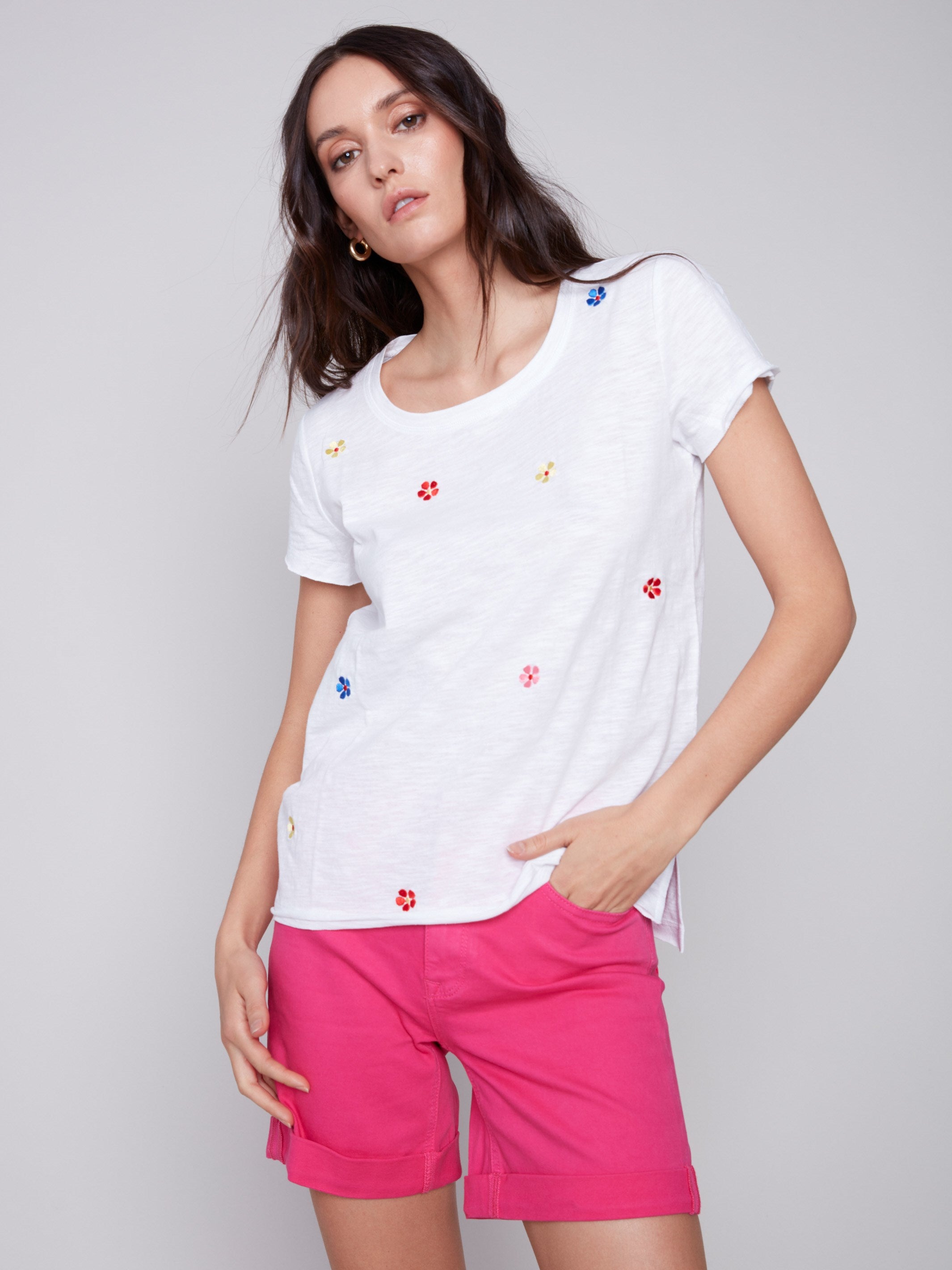 Embroidered Cotton Slub Knit T-Shirt - White - Charlie B Collection Canada - Image 1