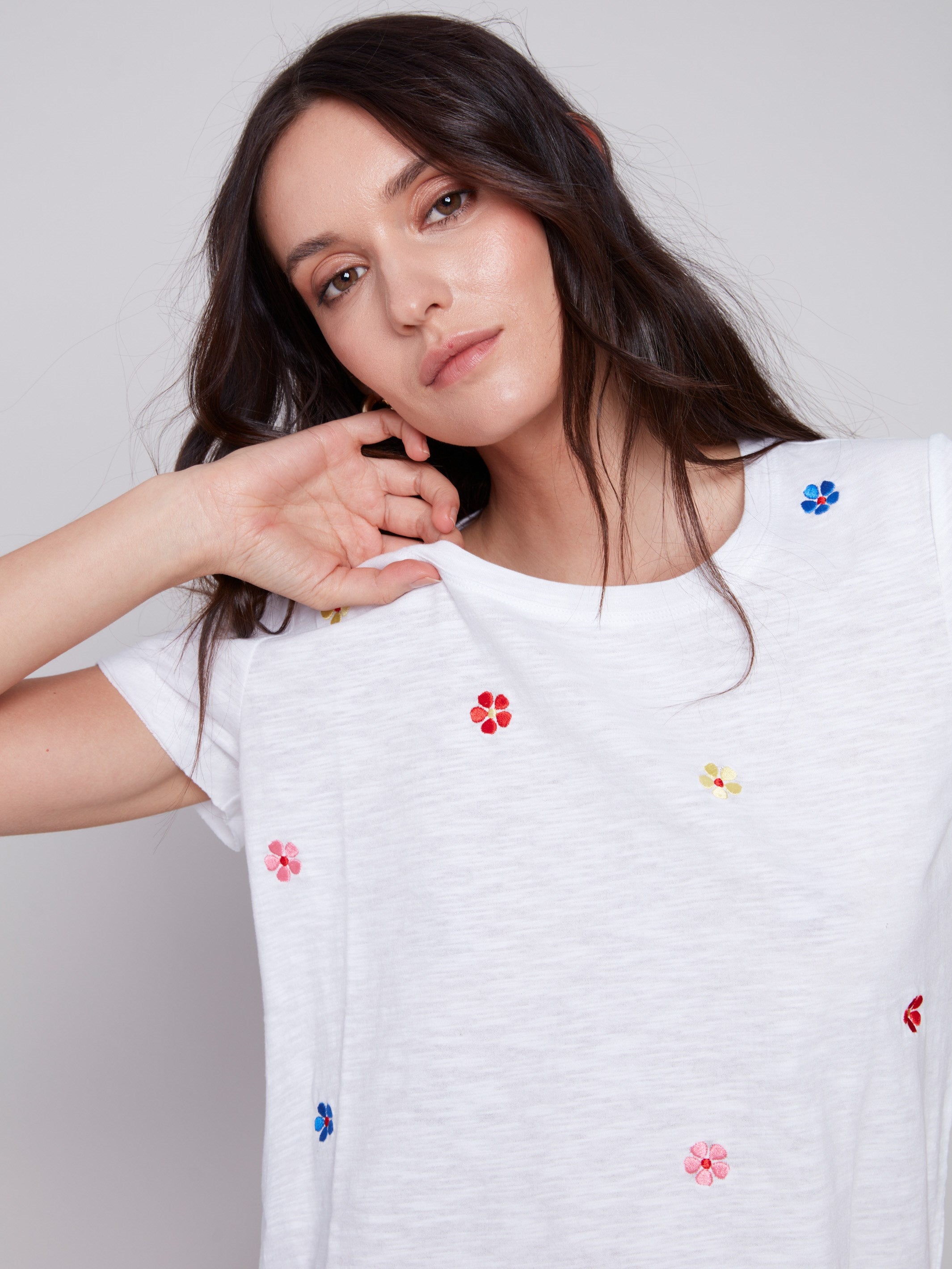 Embroidered Cotton Slub Knit T-Shirt - White - Charlie B Collection Canada - Image 4