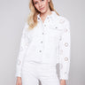 Embroidered Eyelet Denim Jacket - White - Charlie B Collection Canada - Image 1