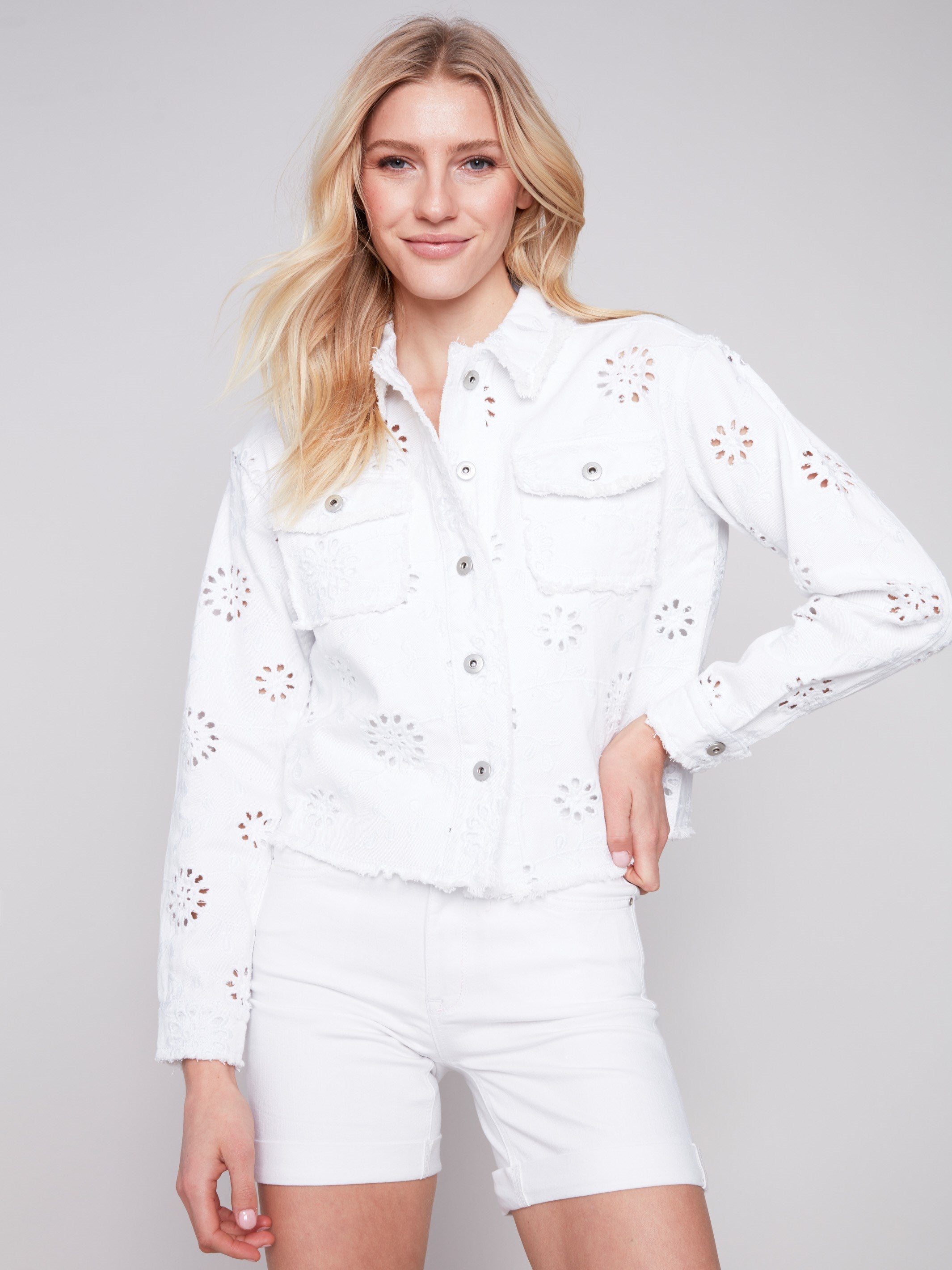 Embroidered Eyelet Denim Jacket White Charlie B CA