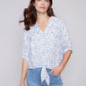 Embroidered Front Tie Cotton Blouse - Sky - Charlie B Collection Canada - Image 1