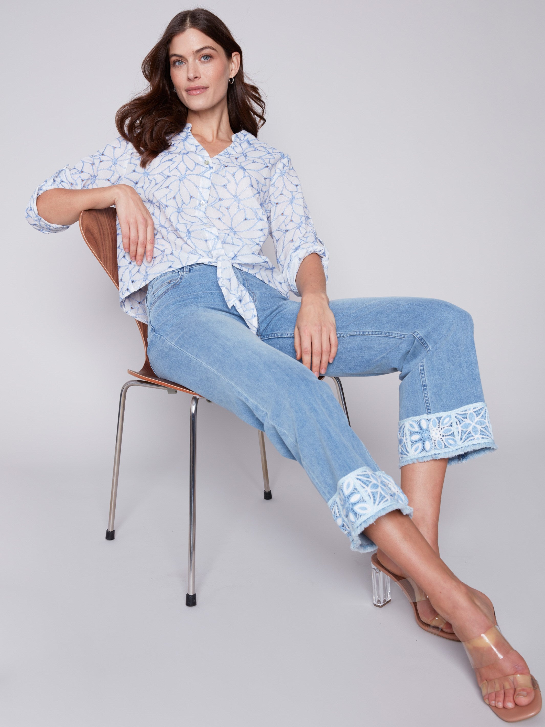 Embroidered Front Tie Cotton Blouse - Sky - Charlie B Collection Canada - Image 2