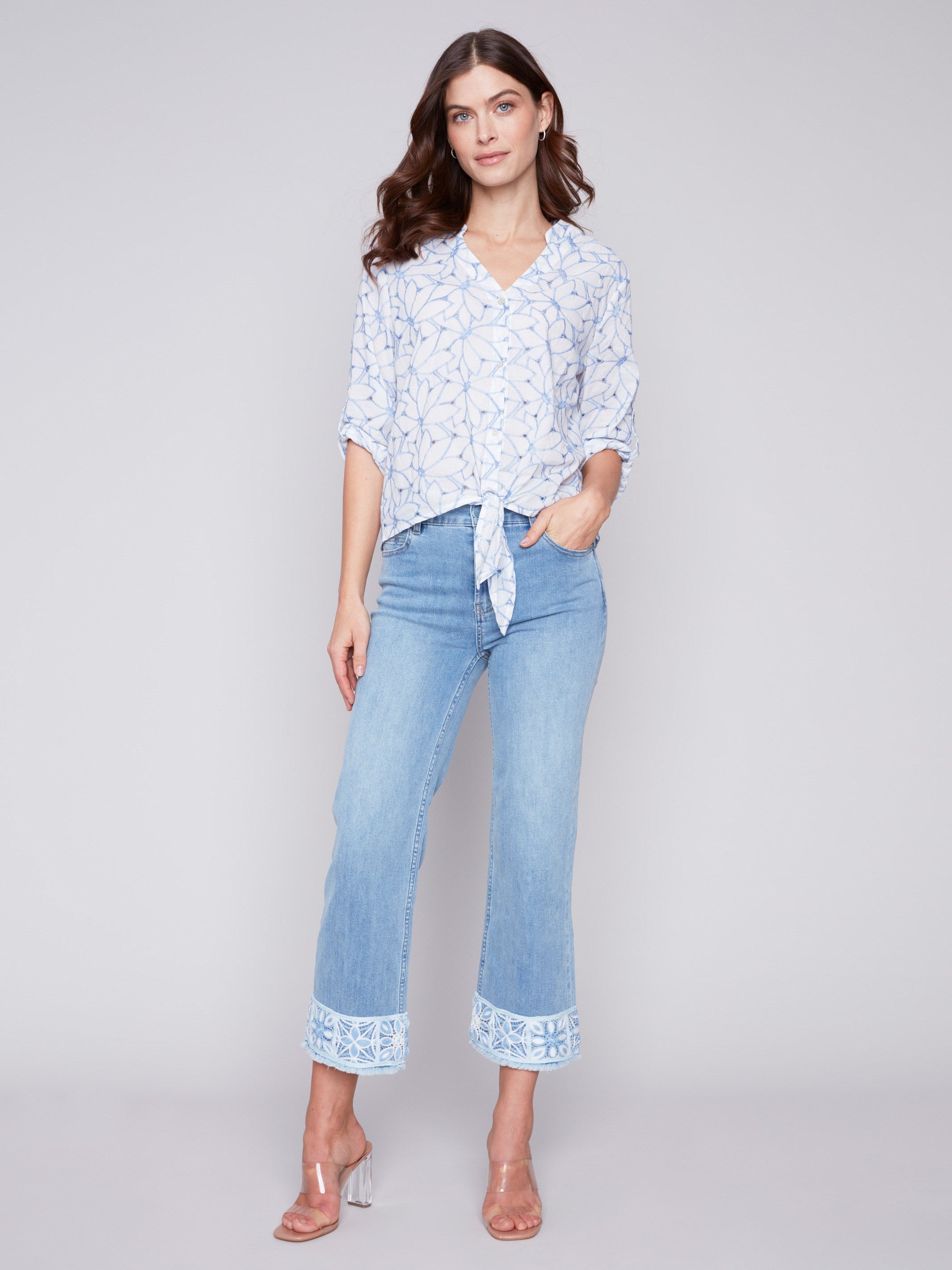 Embroidered Front Tie Cotton Blouse - Sky - Charlie B Collection Canada - Image 3