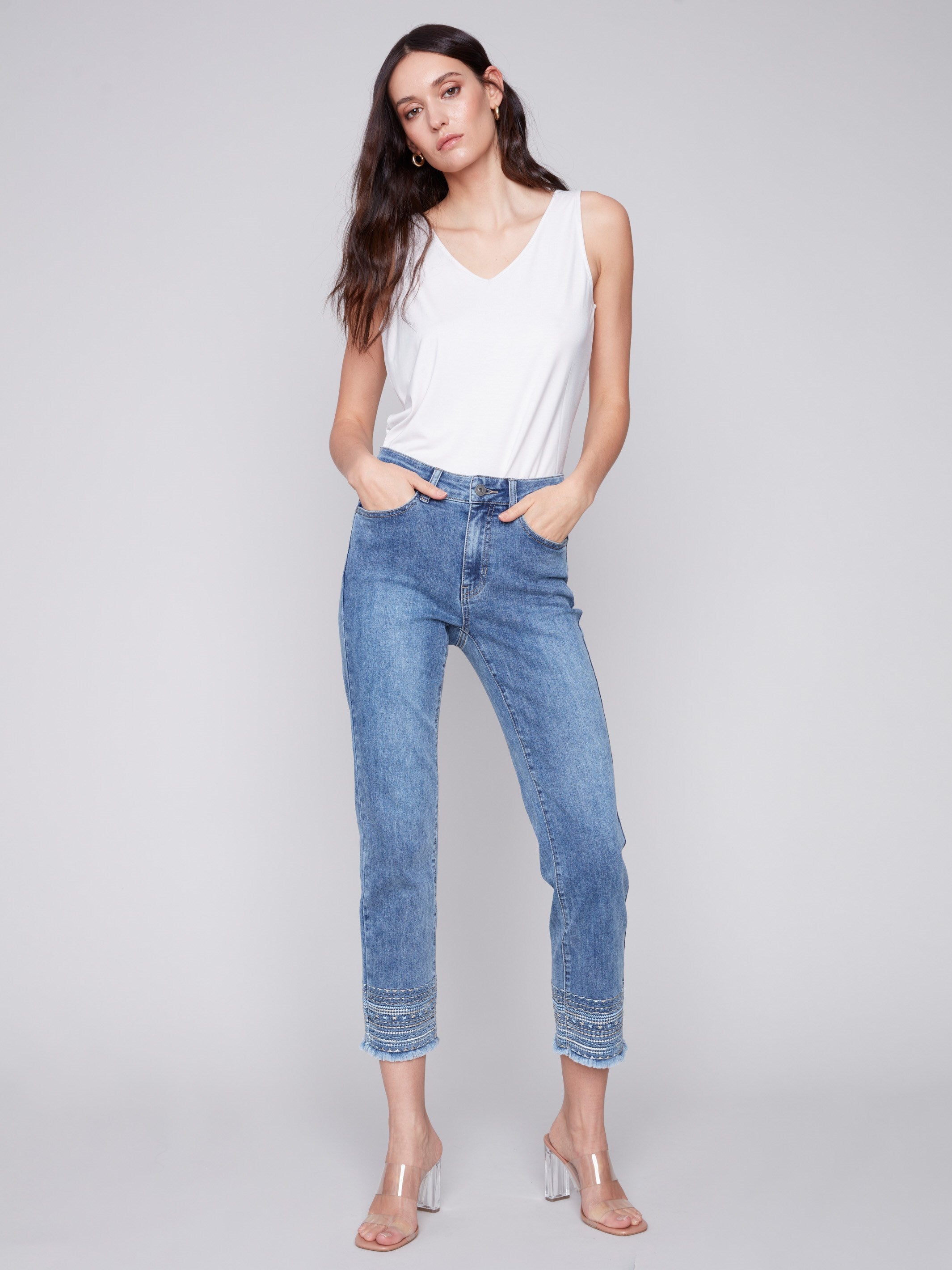 Embroidered Hem Jeans - Medium Blue - Charlie B Collection Canada - Image 1