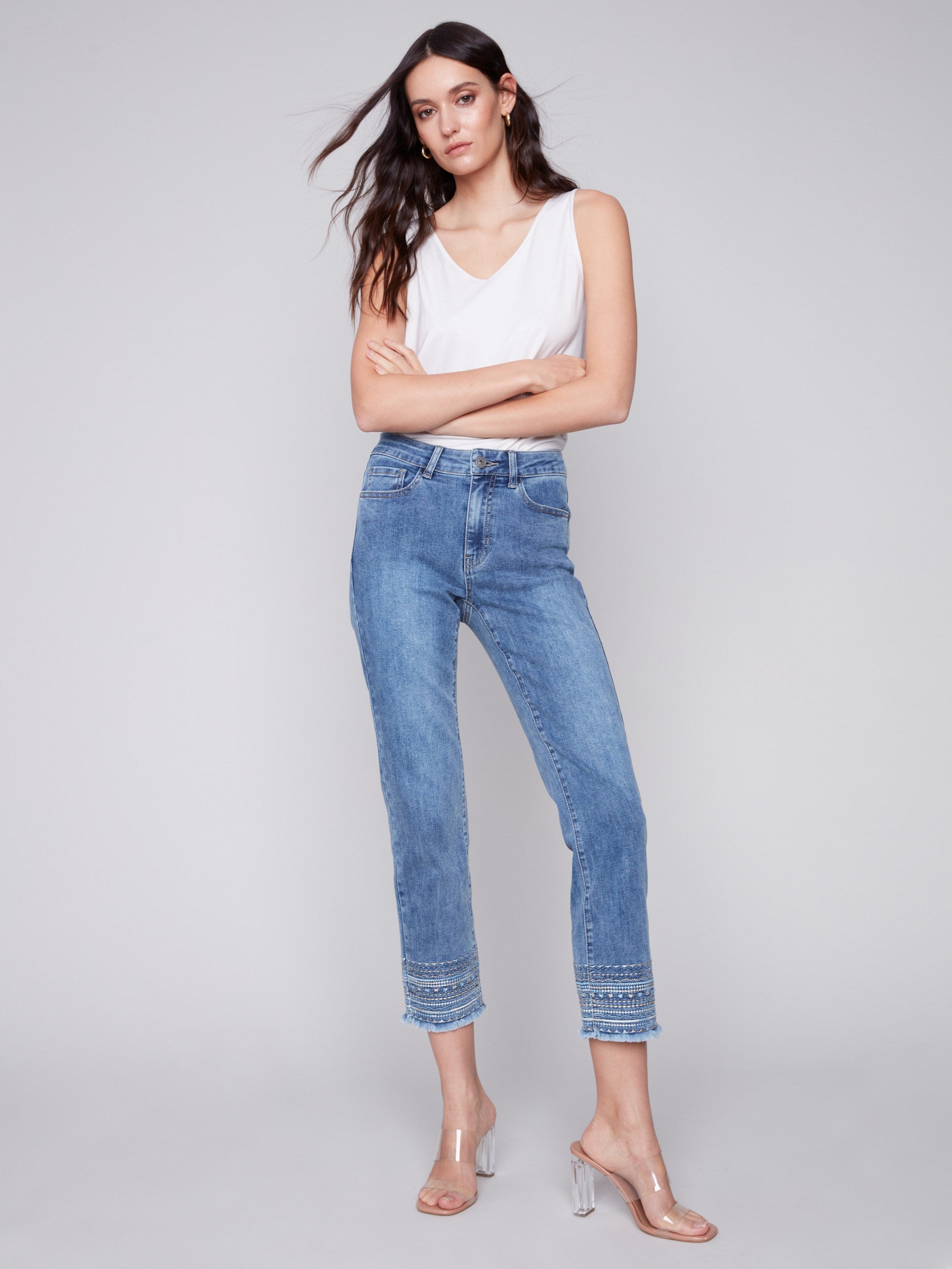 Embroidered Hem Jeans - Medium Blue - Charlie B Collection Canada - Image 4