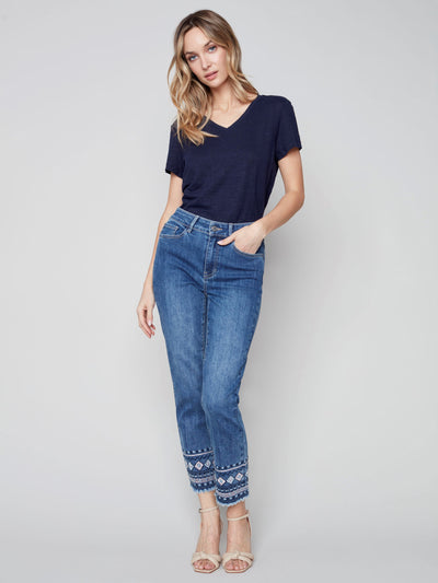 Embroidered Hem Jeans - Medium Blue - C5345 Charlie B Collection Canada