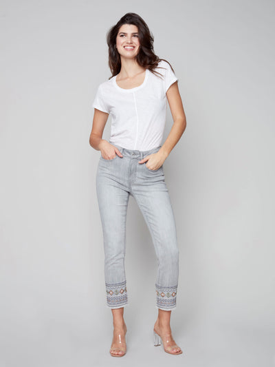 Embroidered Hem Jeans - Soft Grey - C5345 Charlie B Collection Canada