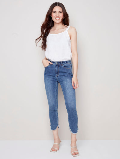 Embroidered Jeans with Frayed Tulip Hem - Medium Blue - C5405 Charlie B Collection Canada