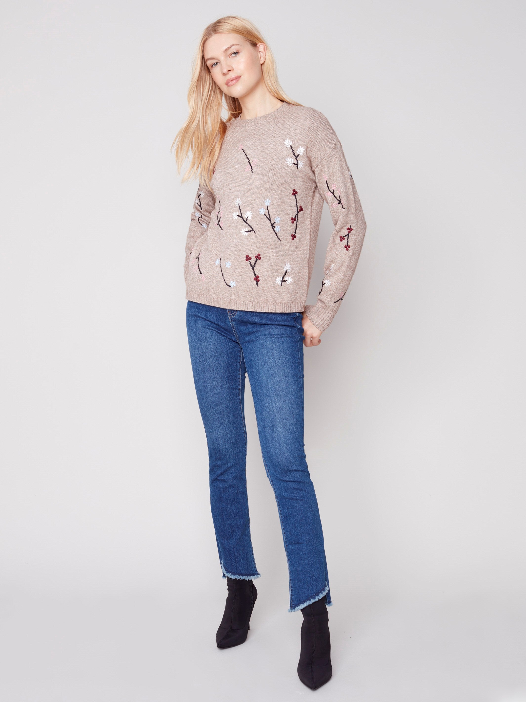 Embroidered Round Neck Sweater - Almond