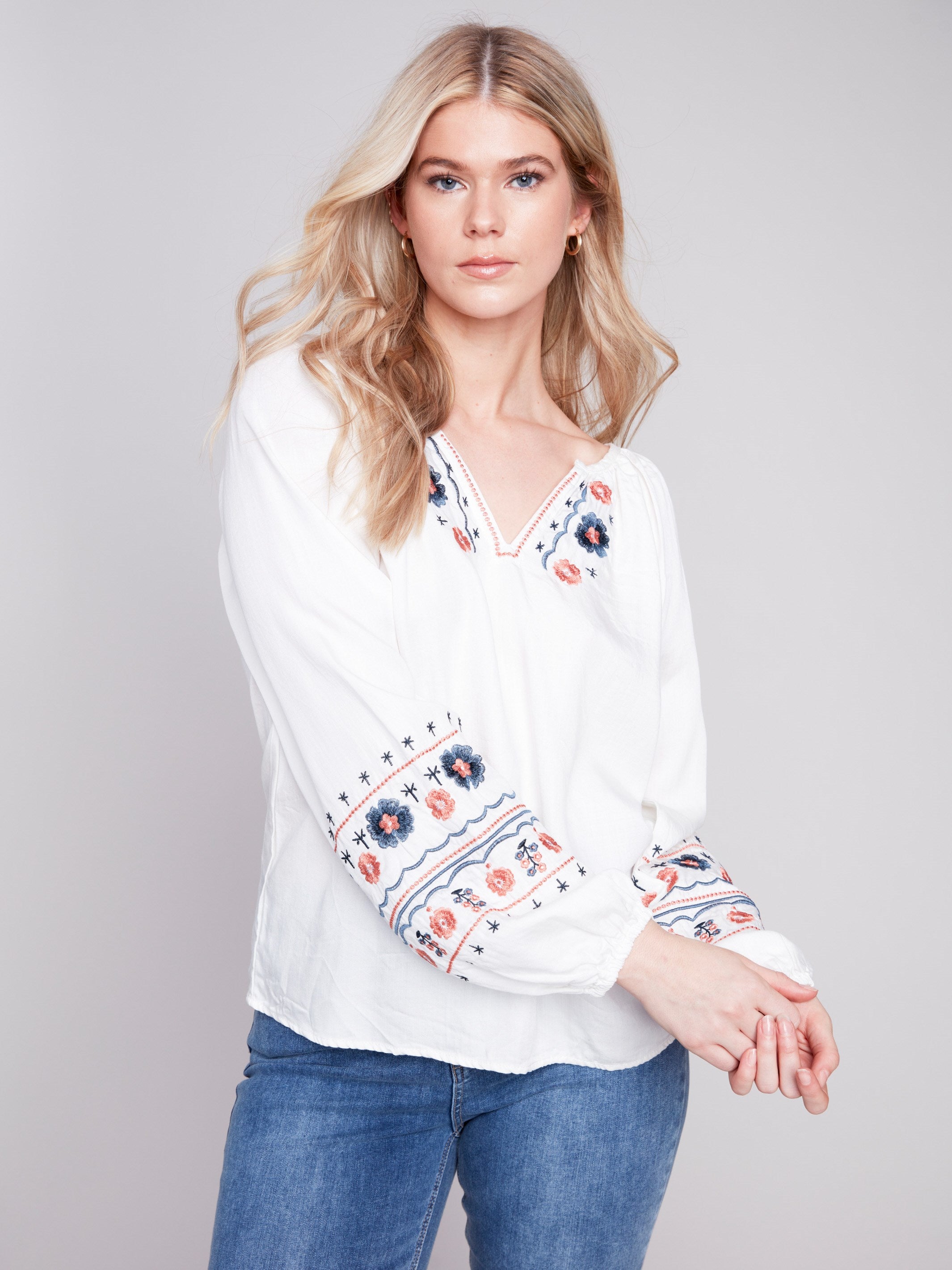Embroidered Tencel Blouse - White - Charlie B Collection Canada - Image 1