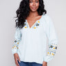 Embroidered Tencel Blouse - Denim - Charlie B Collection Canada - Image 1