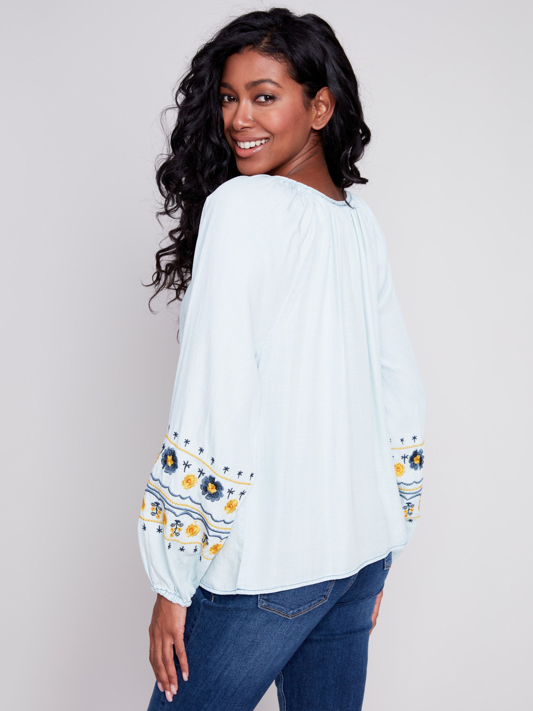 Embroidered Tencel Blouse - Denim - Charlie B Collection Canada - Image 2